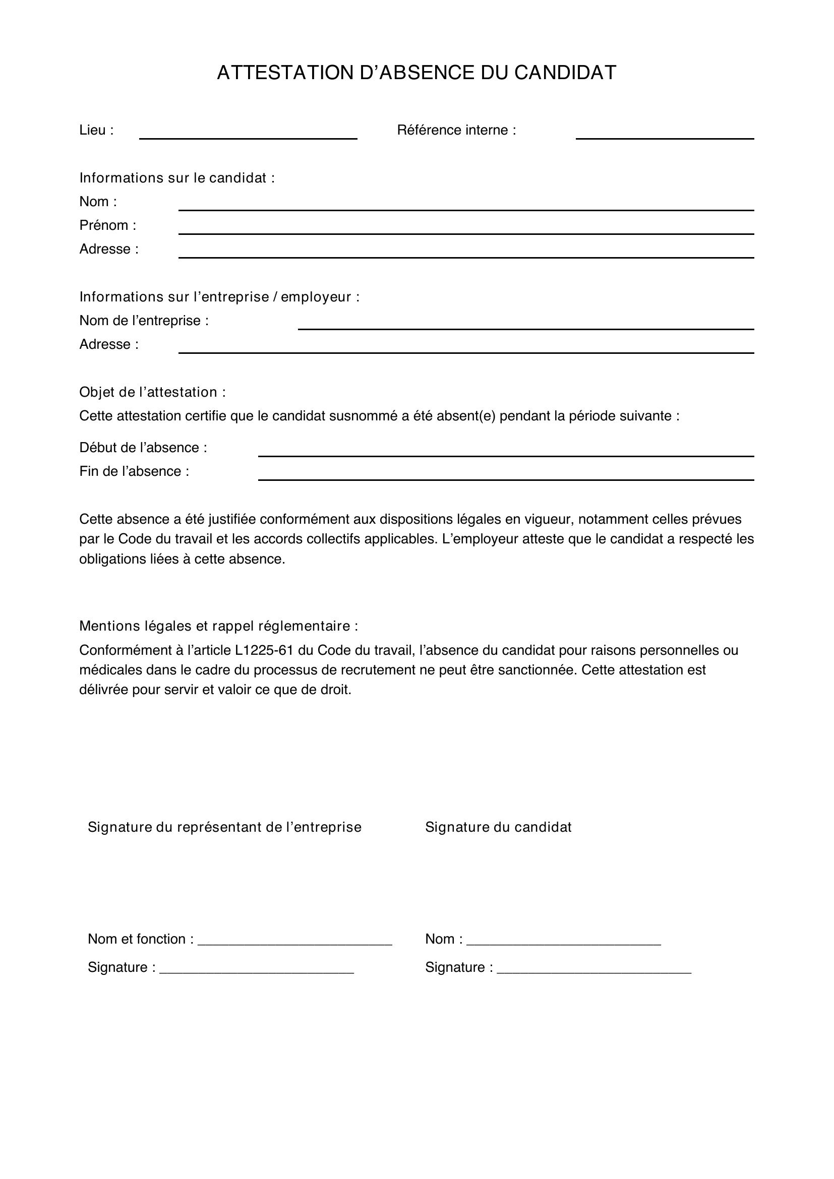 Modèle Attestation Absence De Candidat
