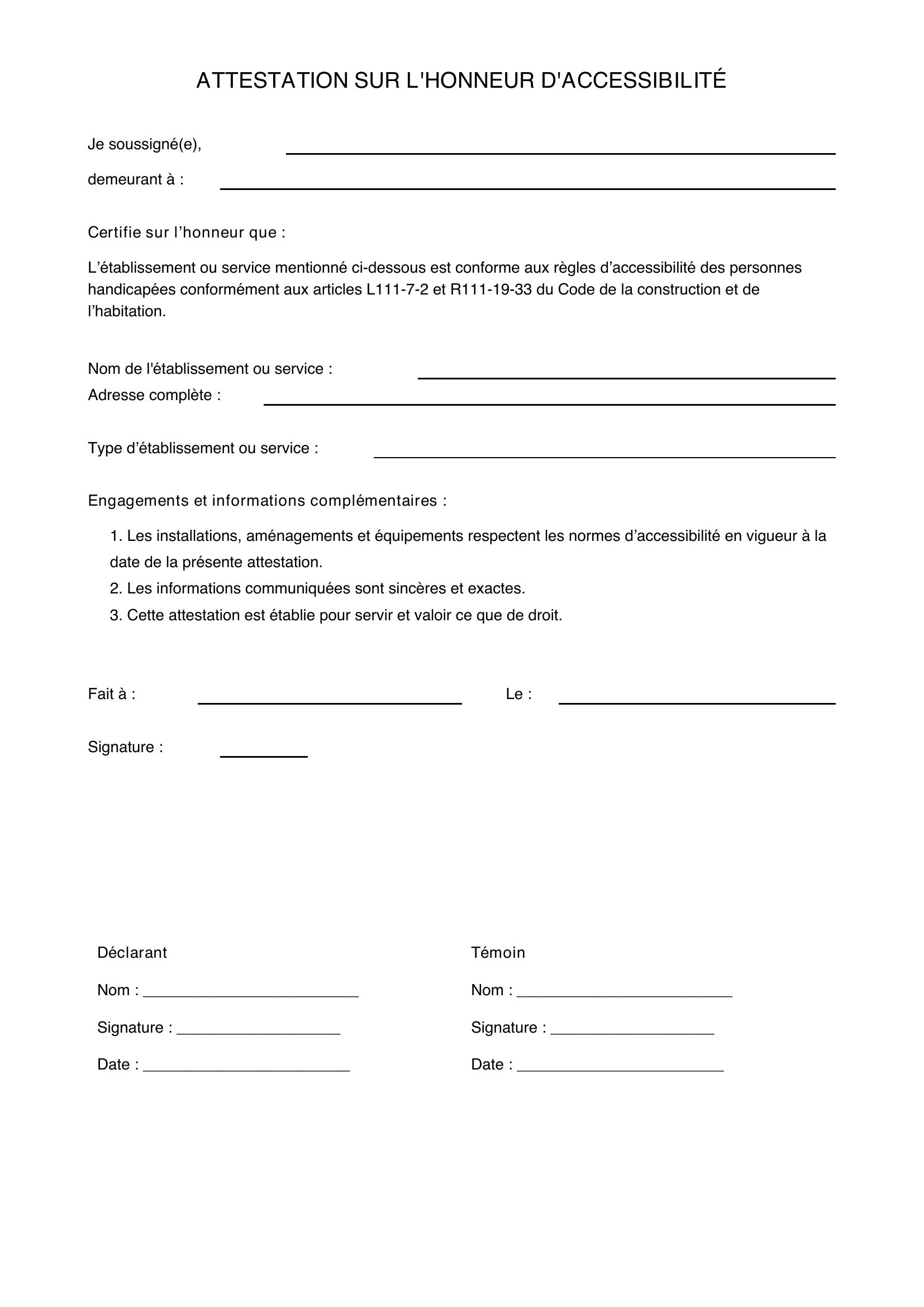 Modèle D'Attestation D'Accessibilité Sur L'Honneur