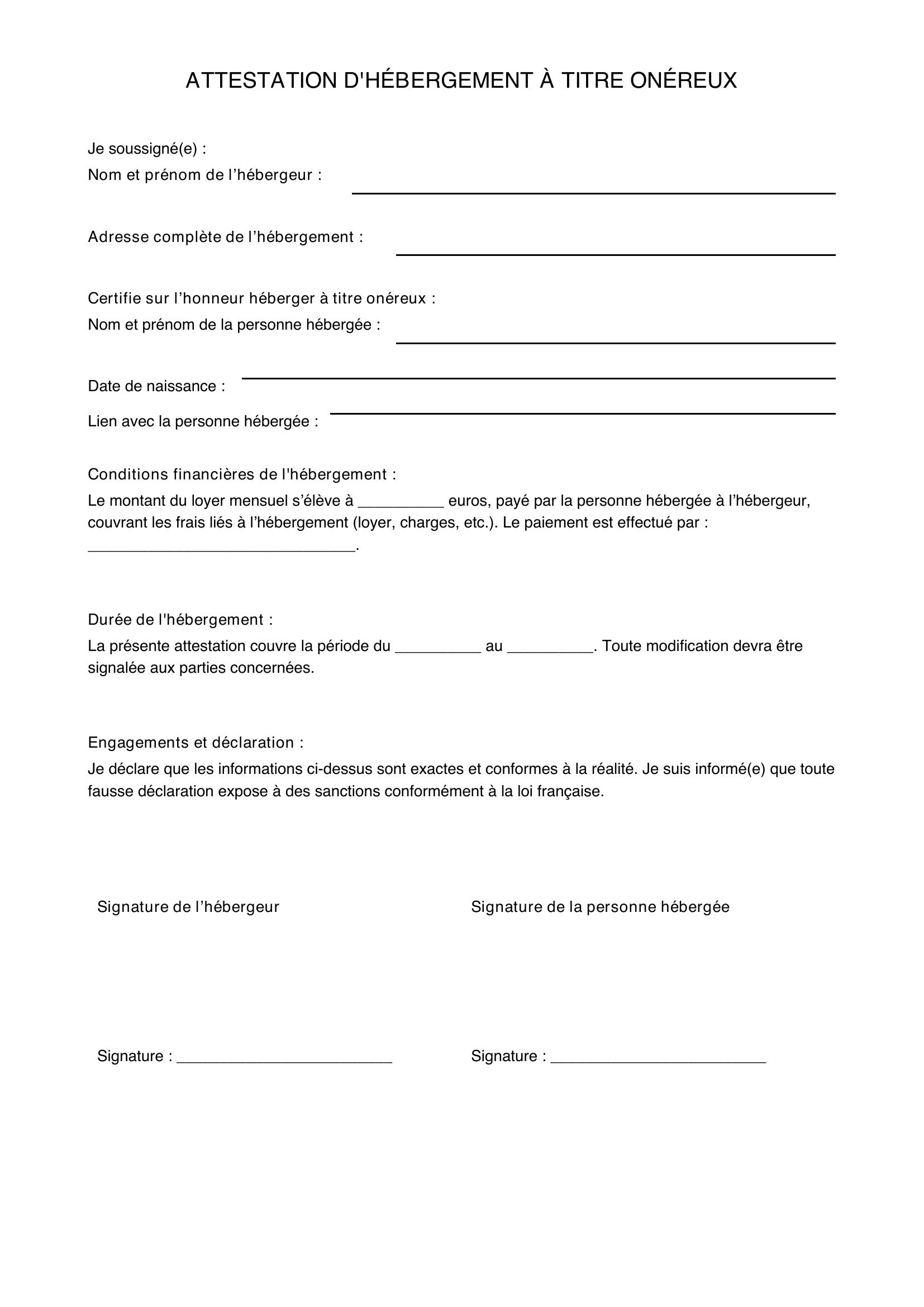 Attestation D'Hébergement À Titre Onéreux