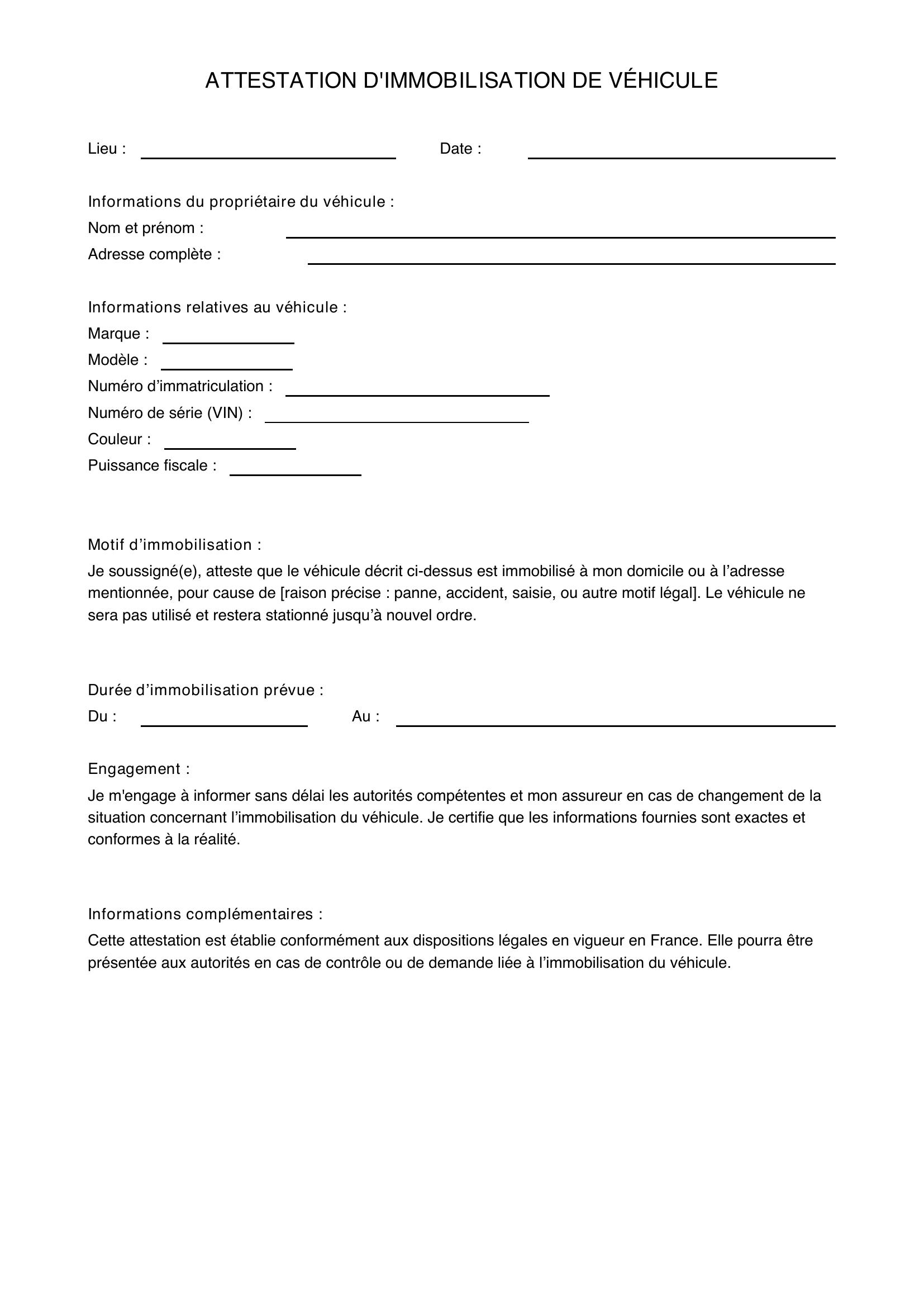 Attestation D'Immobilisation De Véhicule