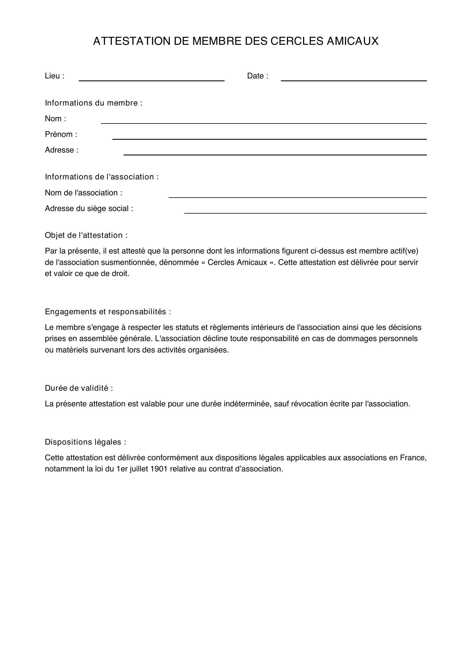 Attestation De Cercles Amicaux