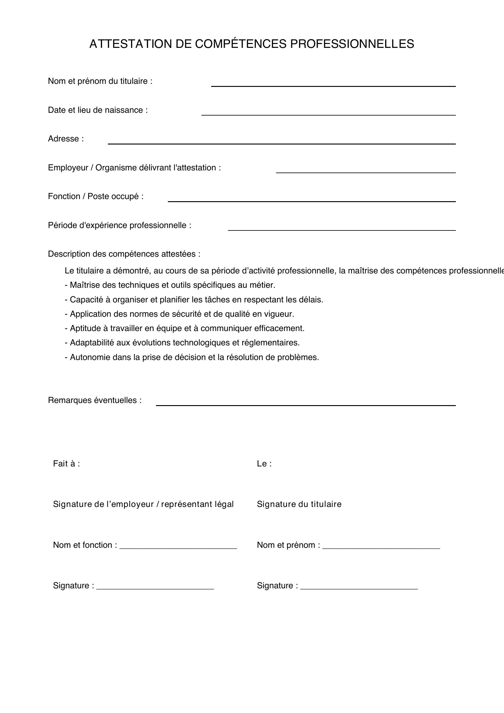 Modèle Attestation De Compétences Professionnelles