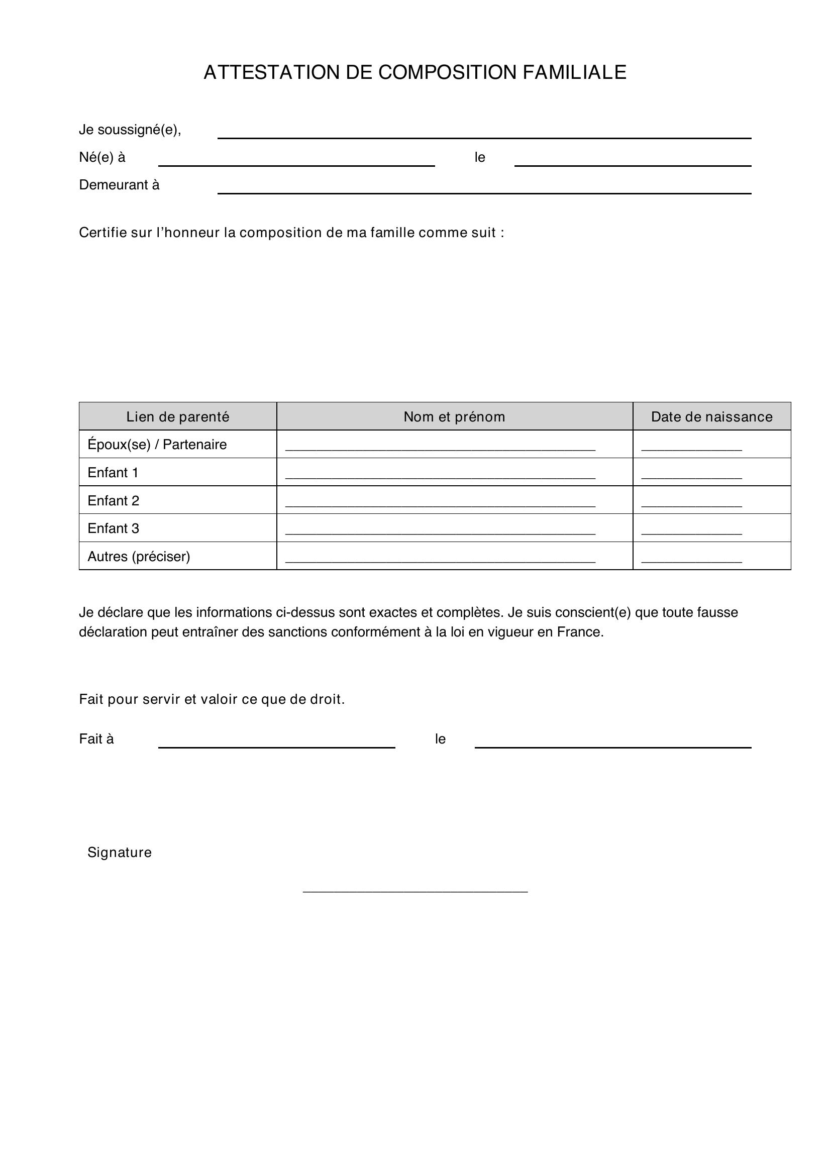 Attestation De Composition Familiale