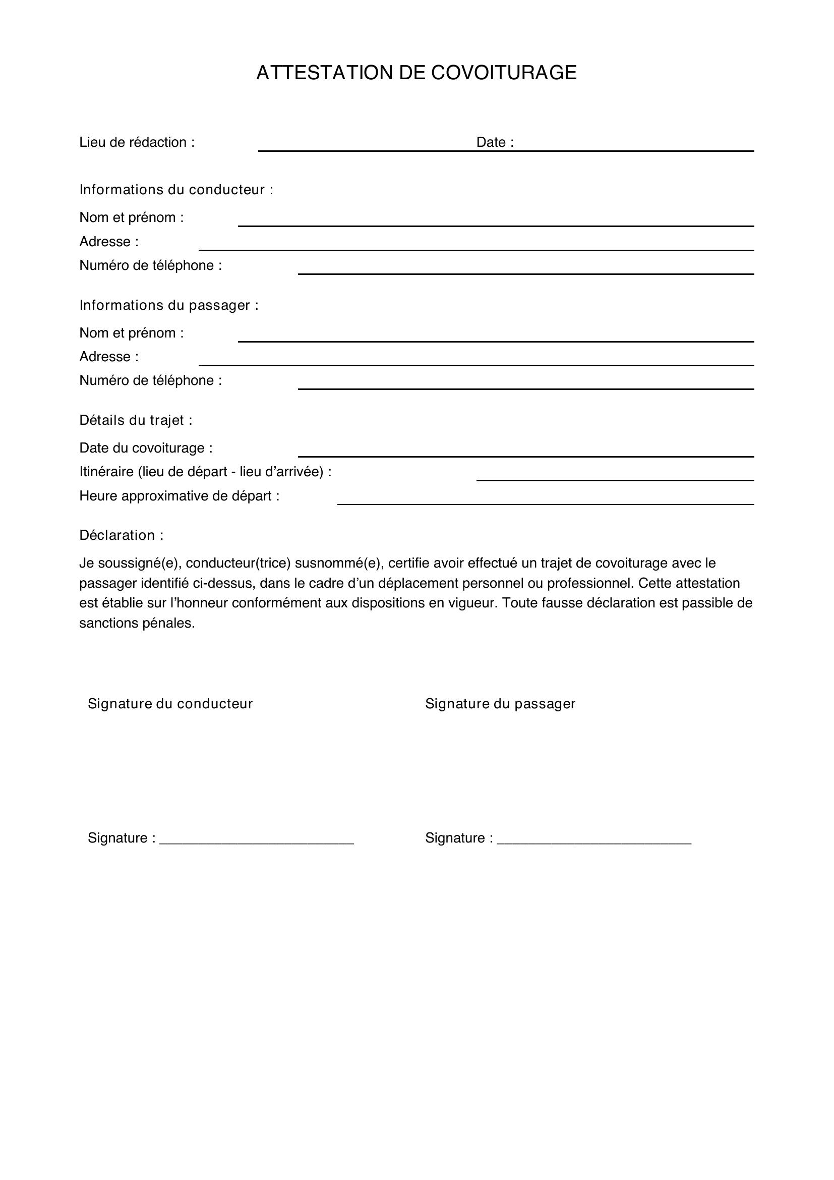 Attestation De Covoiturage