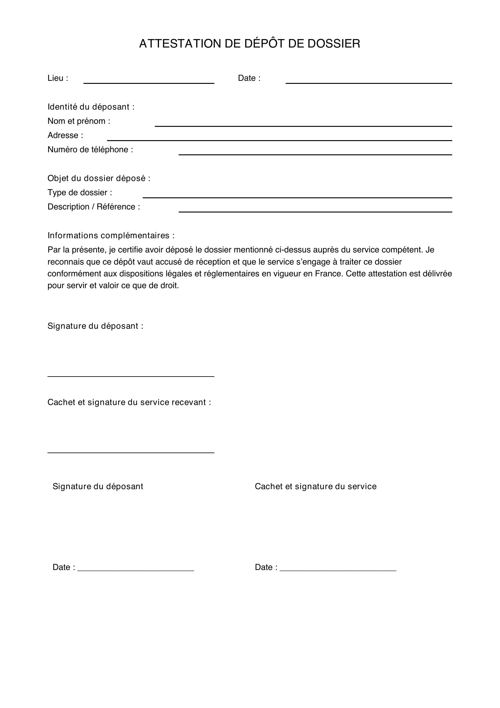 Modèle Attestation De Dépôt De Dossier