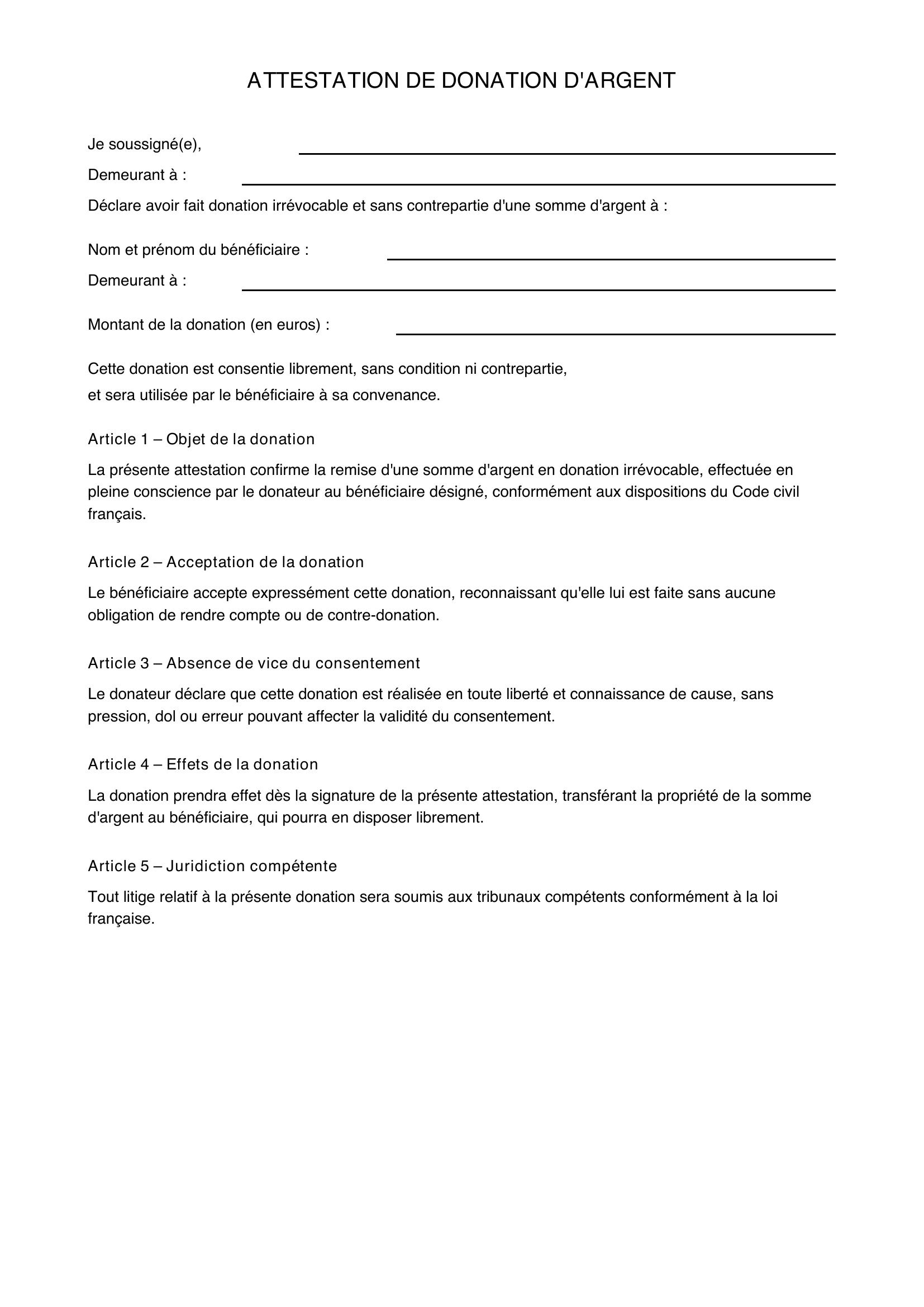 Modele Attestation De Donation D'Argent