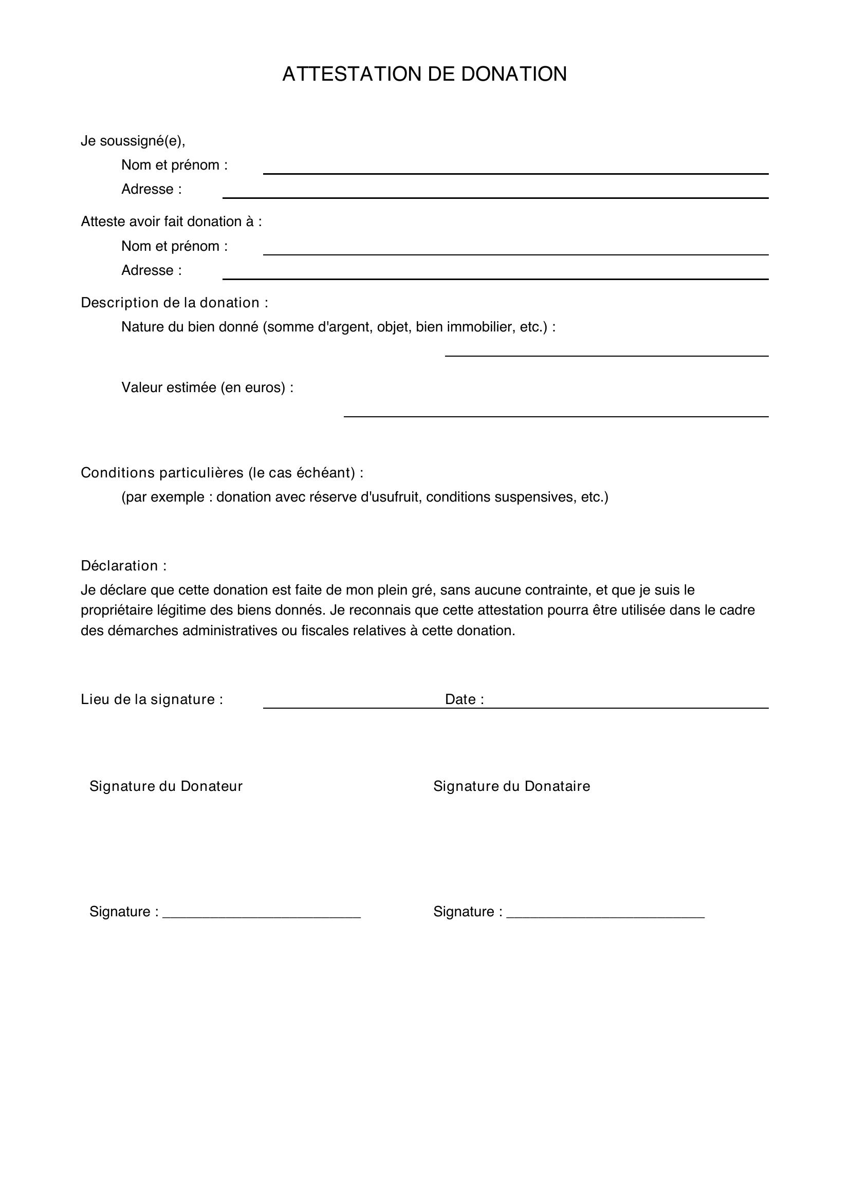 Modèle Attestation De Donation Pour La Banque