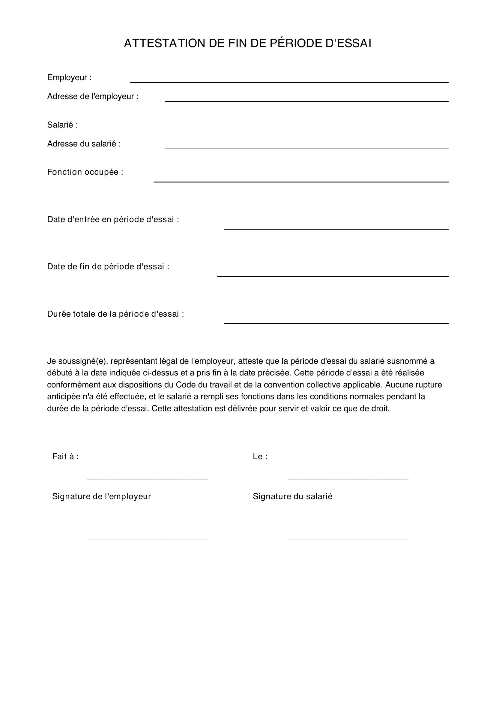 Attestation De Fin De Période D'Essai