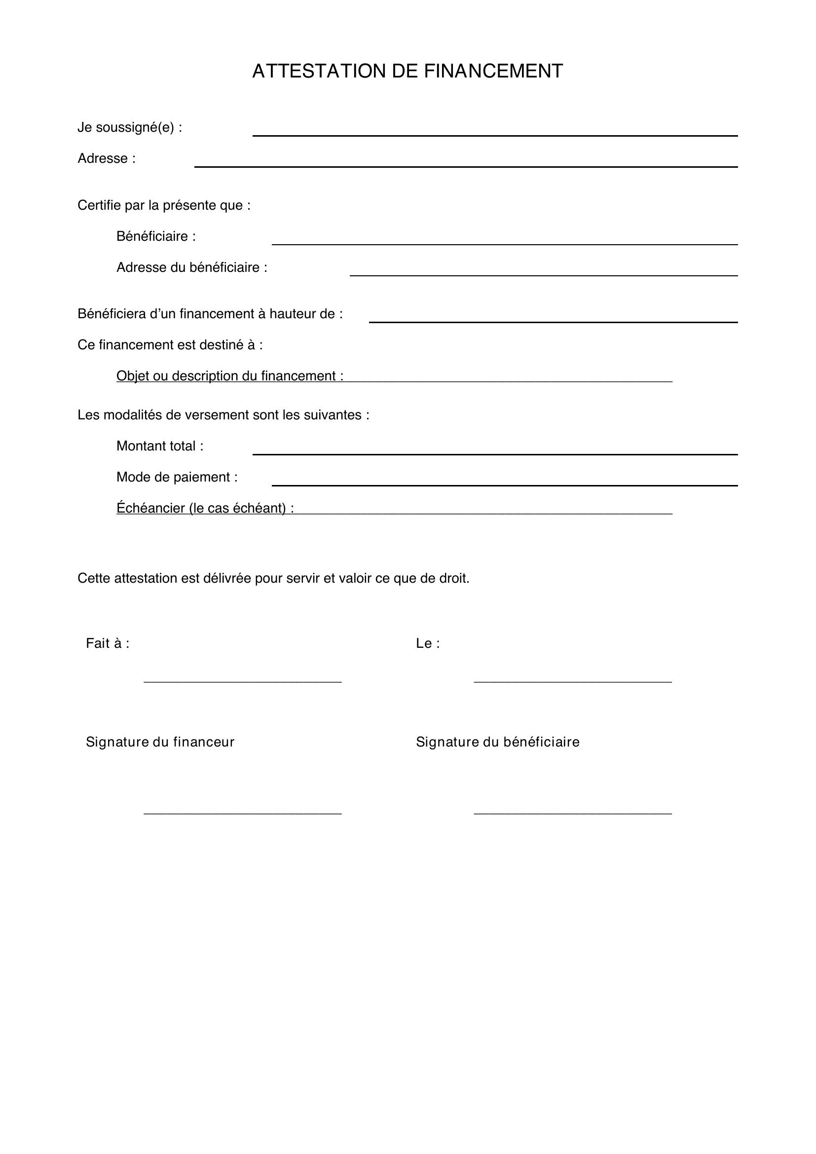 Modèle Attestation De Financement