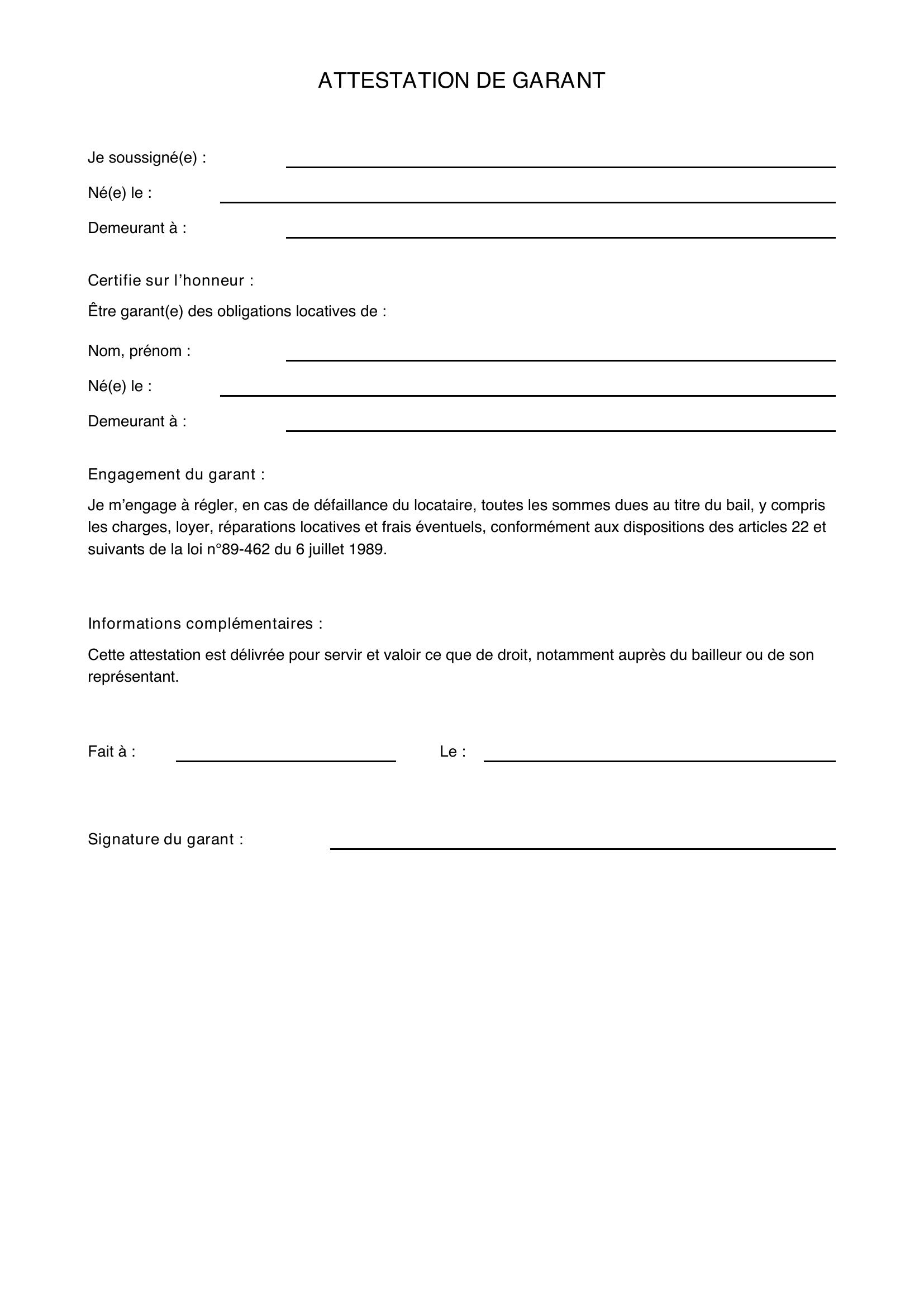 Attestation De Garant Modèle