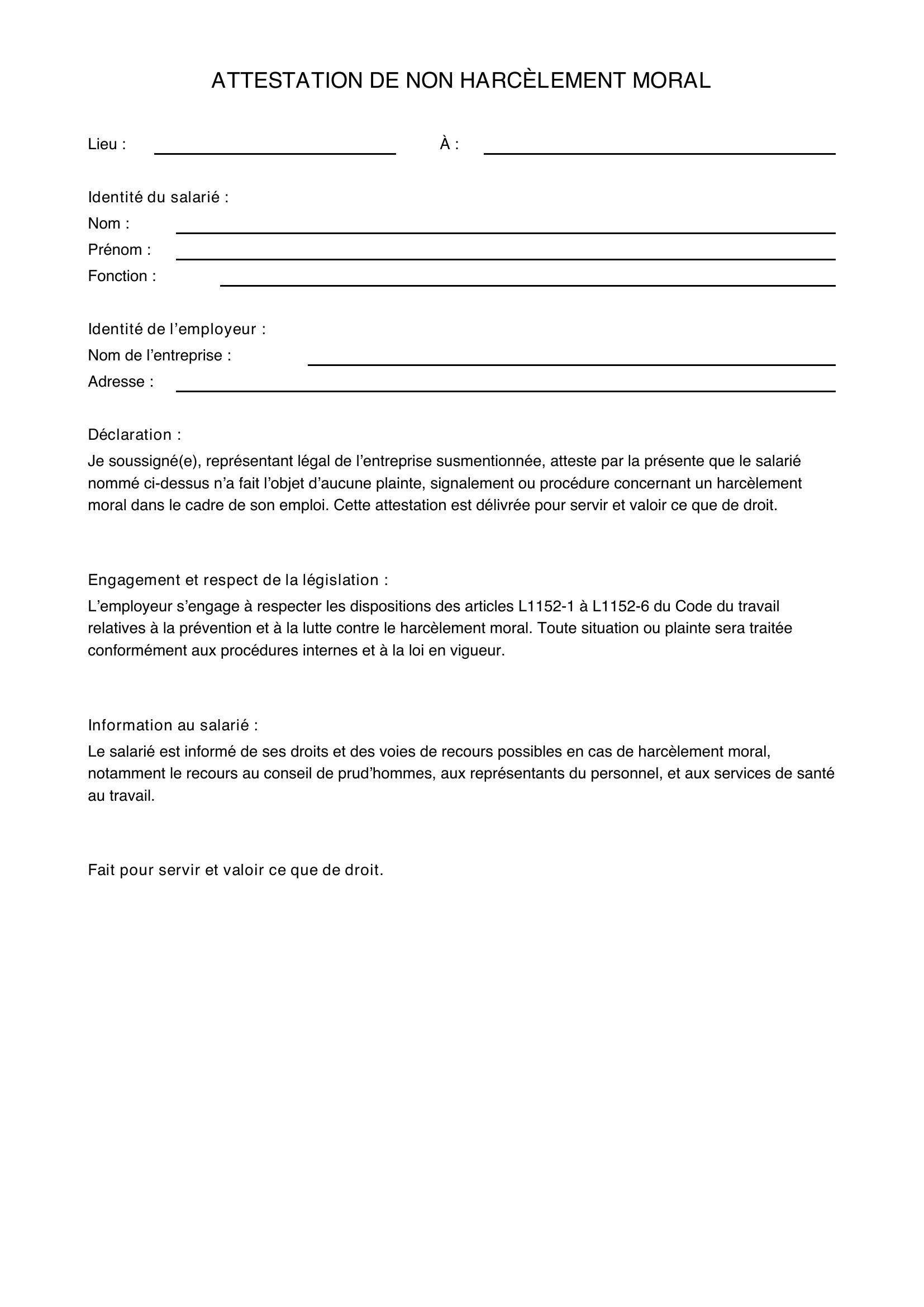 Modèle Attestation De Non Harcèlement Moral