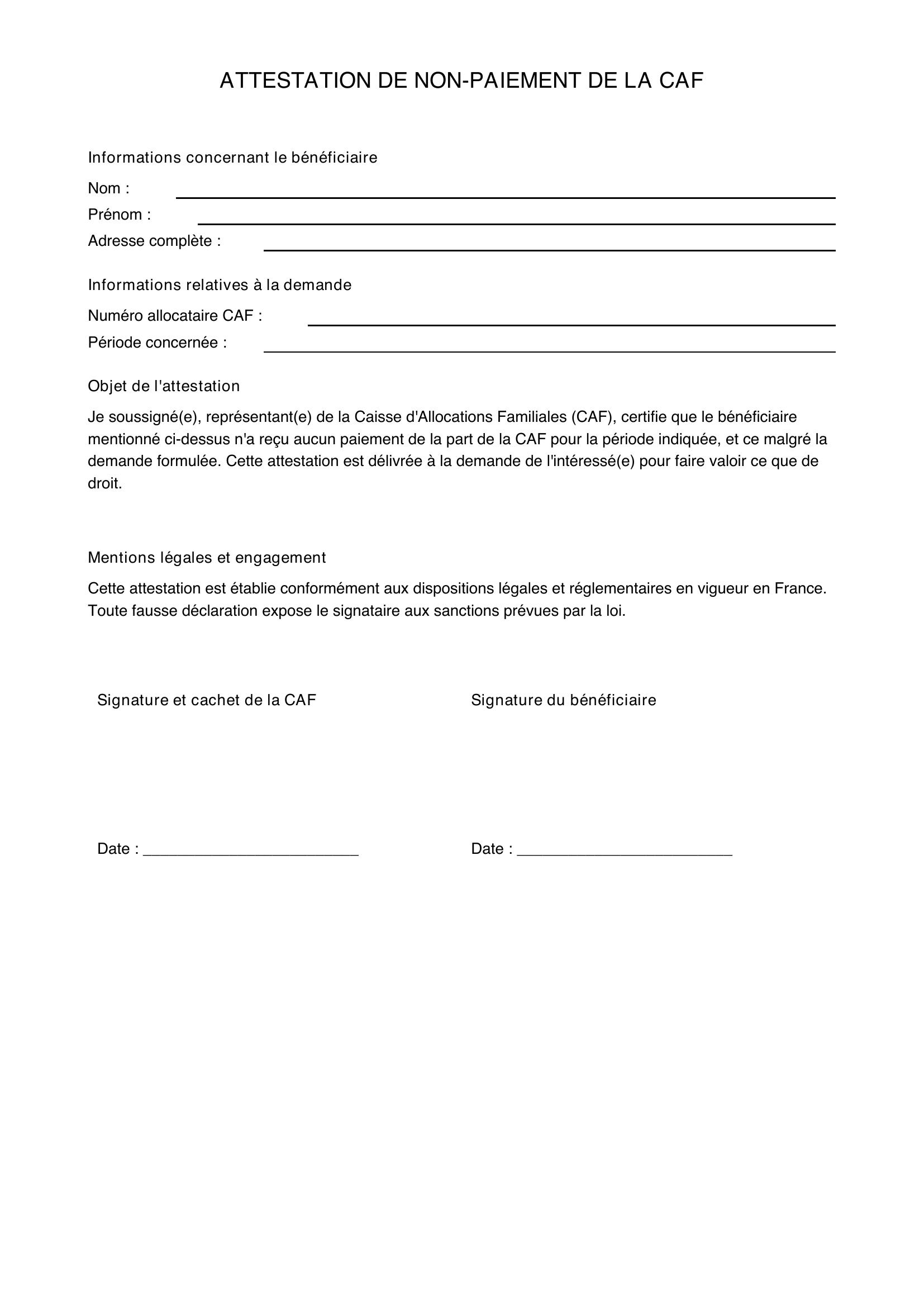 Modèle Attestation De Non-Paiement Caf