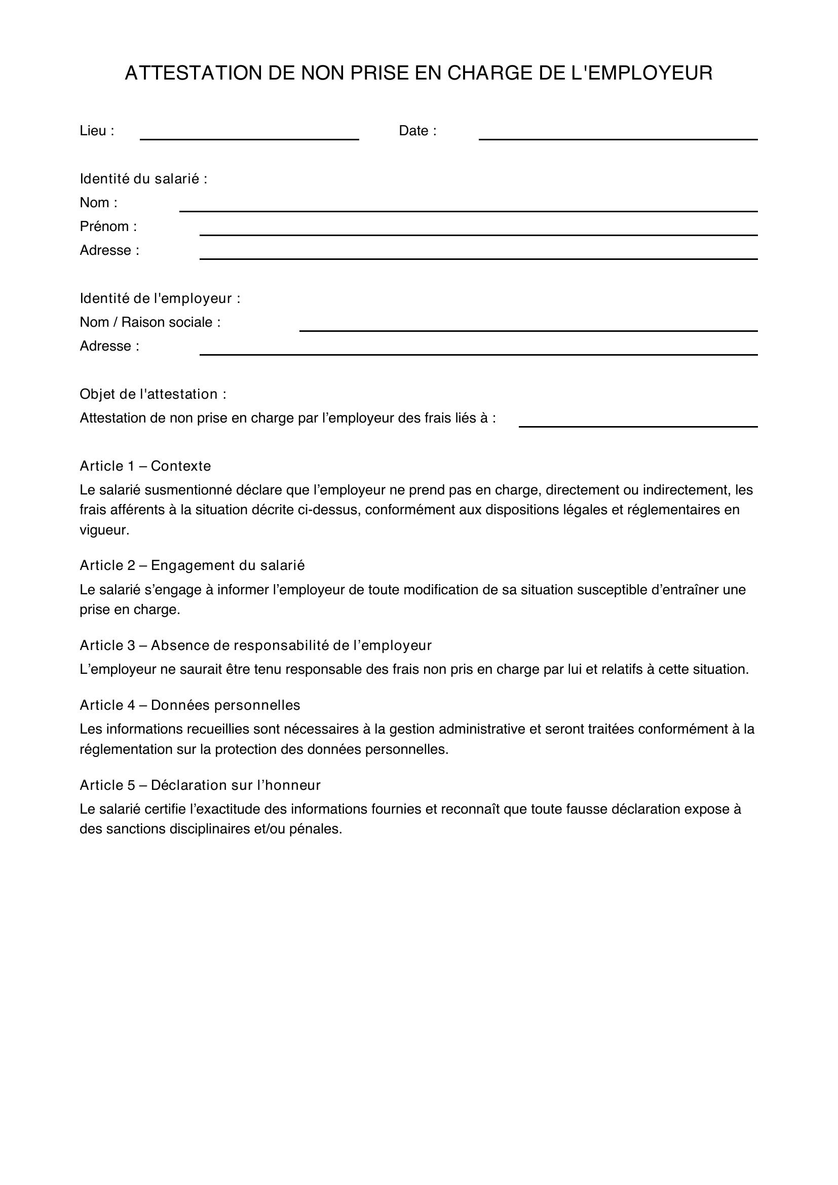 Modèle Attestation De Non Prise En Charge De L'Employeur