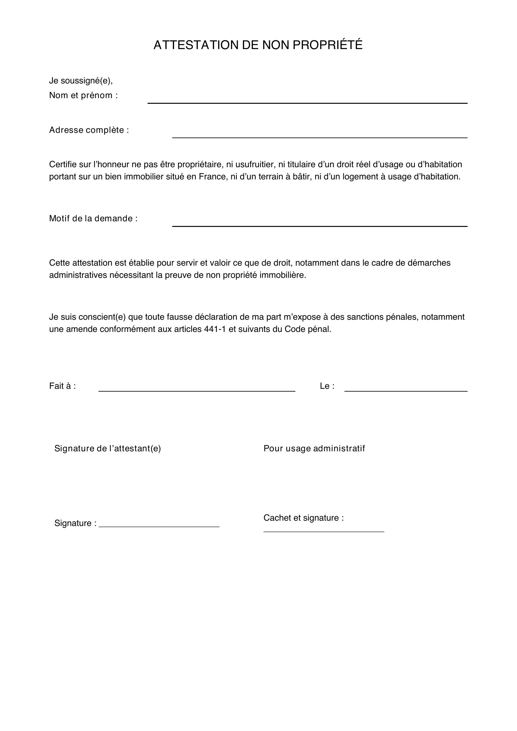 Attestation De Non Propriété France