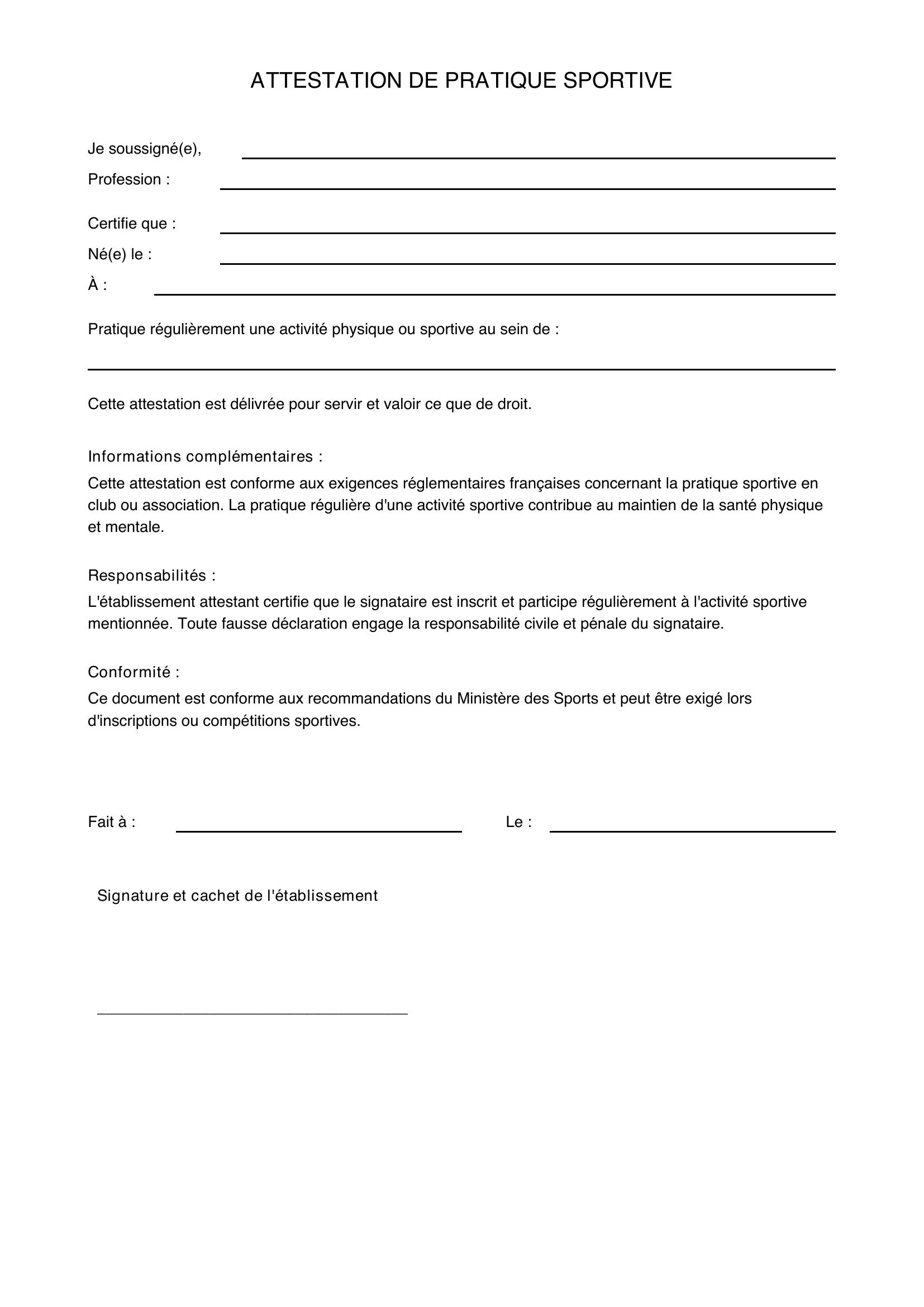Modèle D'Attestation De Pratique Sportive