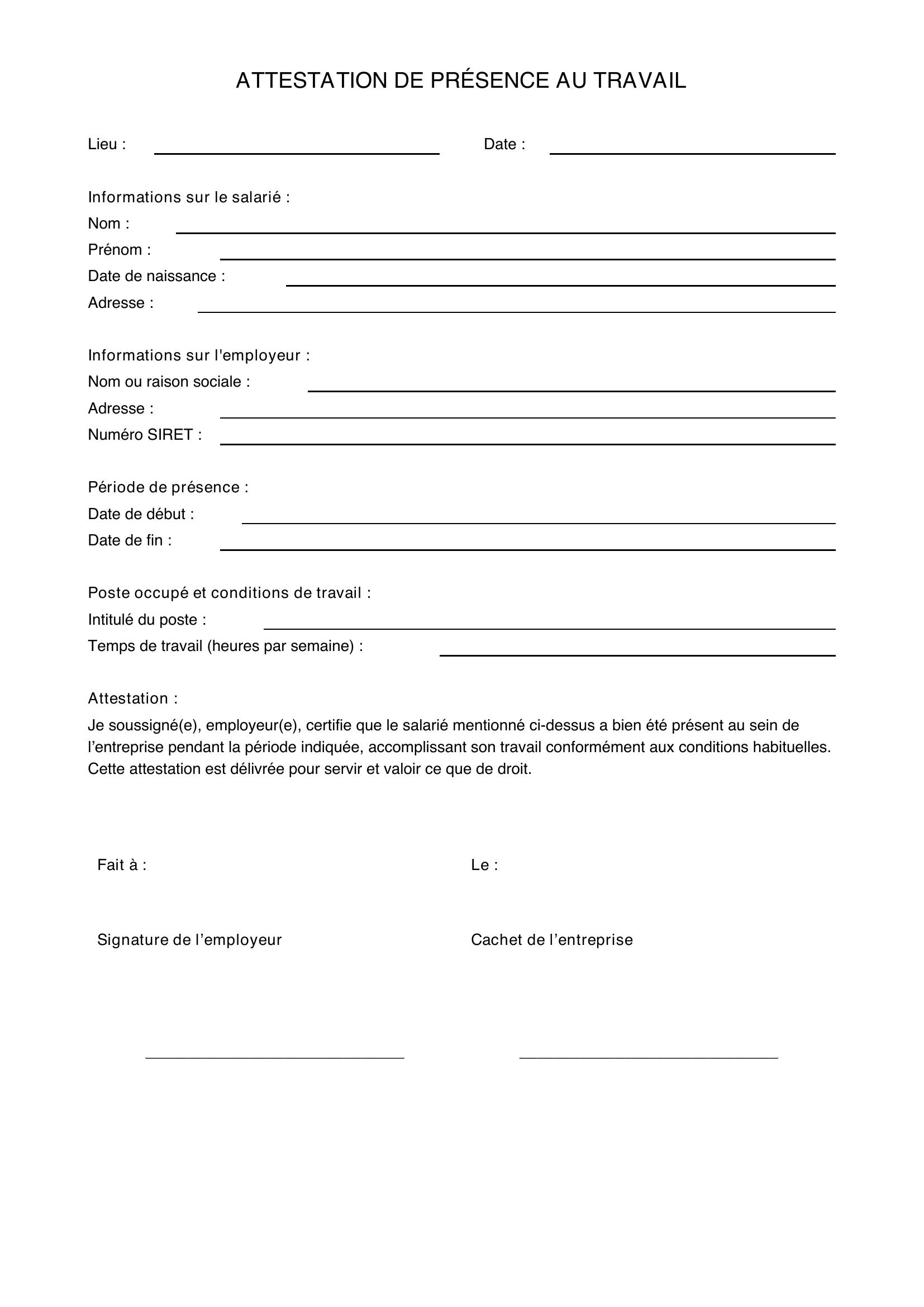 Attestation De Présence Au Travail