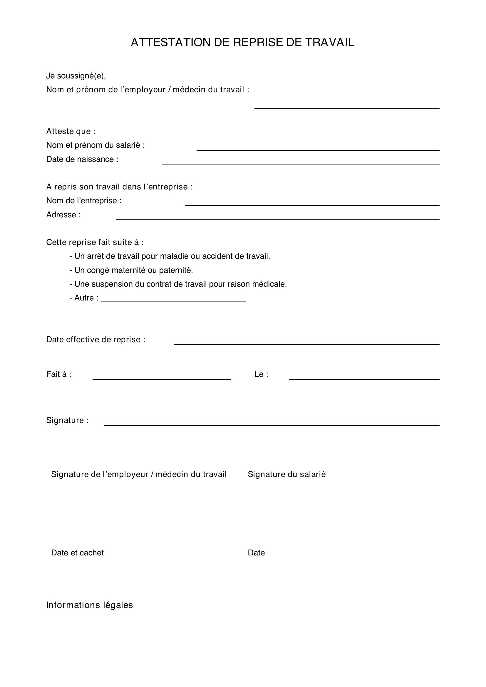 Attestation De Reprise De Travail