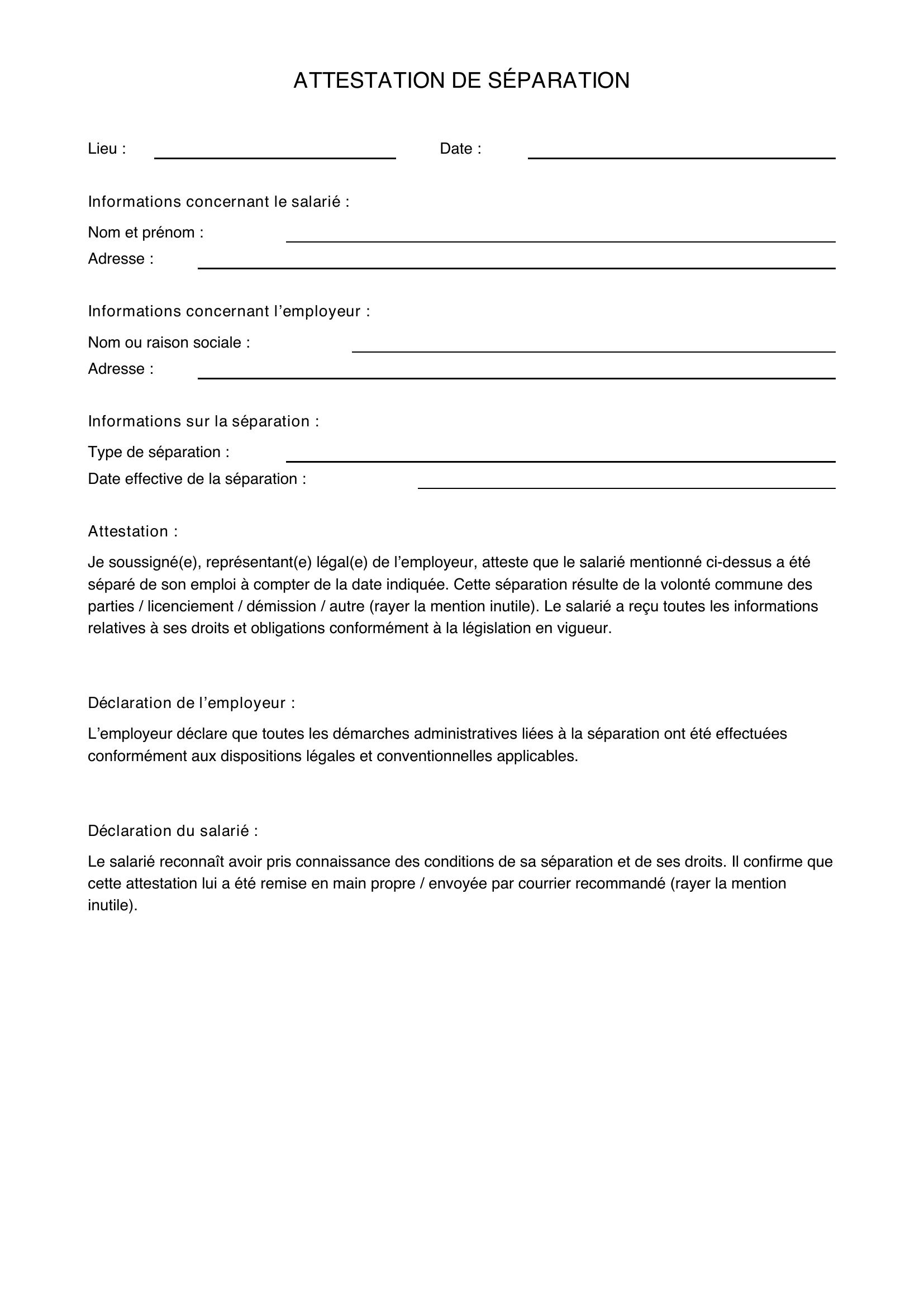 Attestation De Séparation
