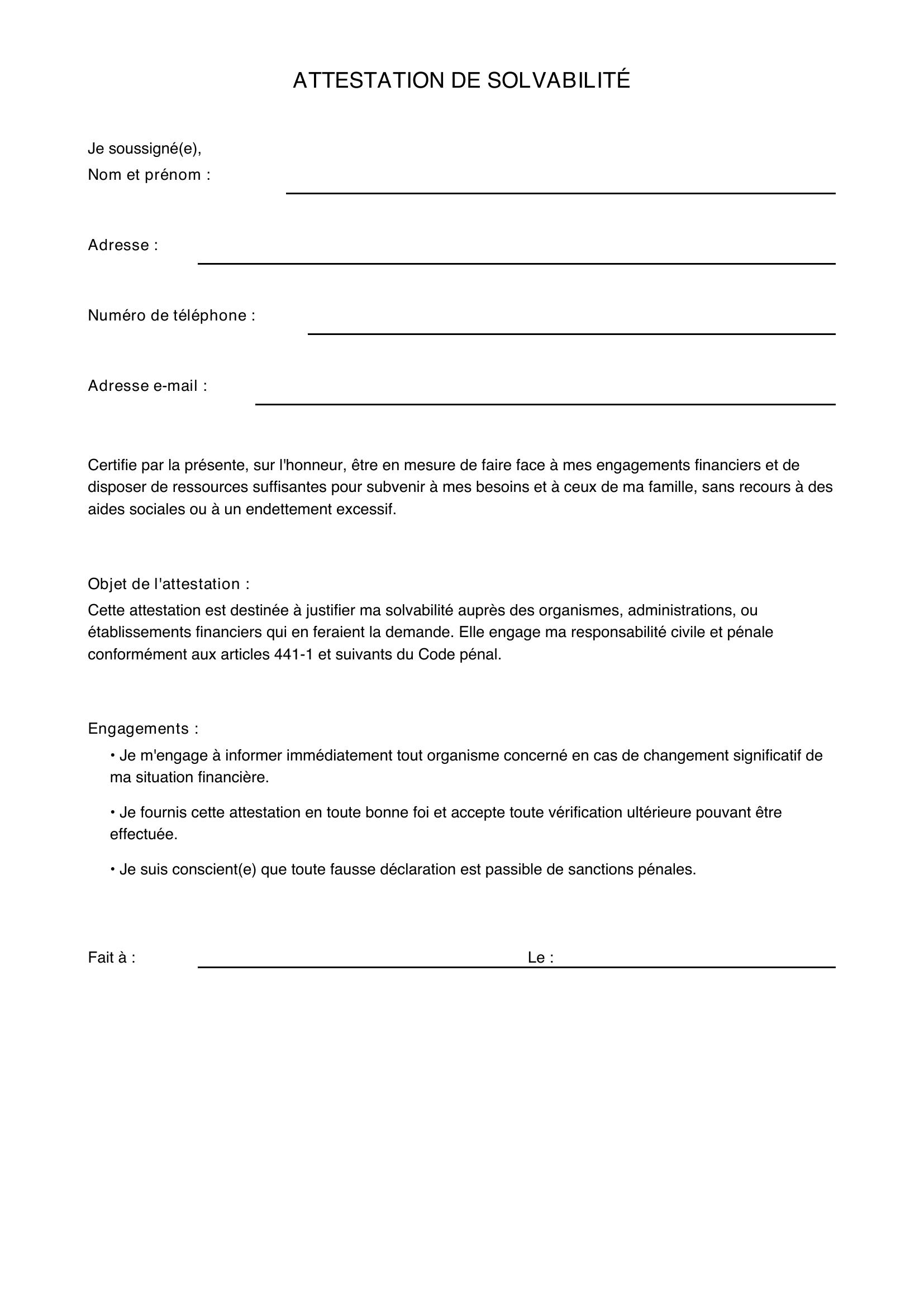 Attestation De Solvabilité