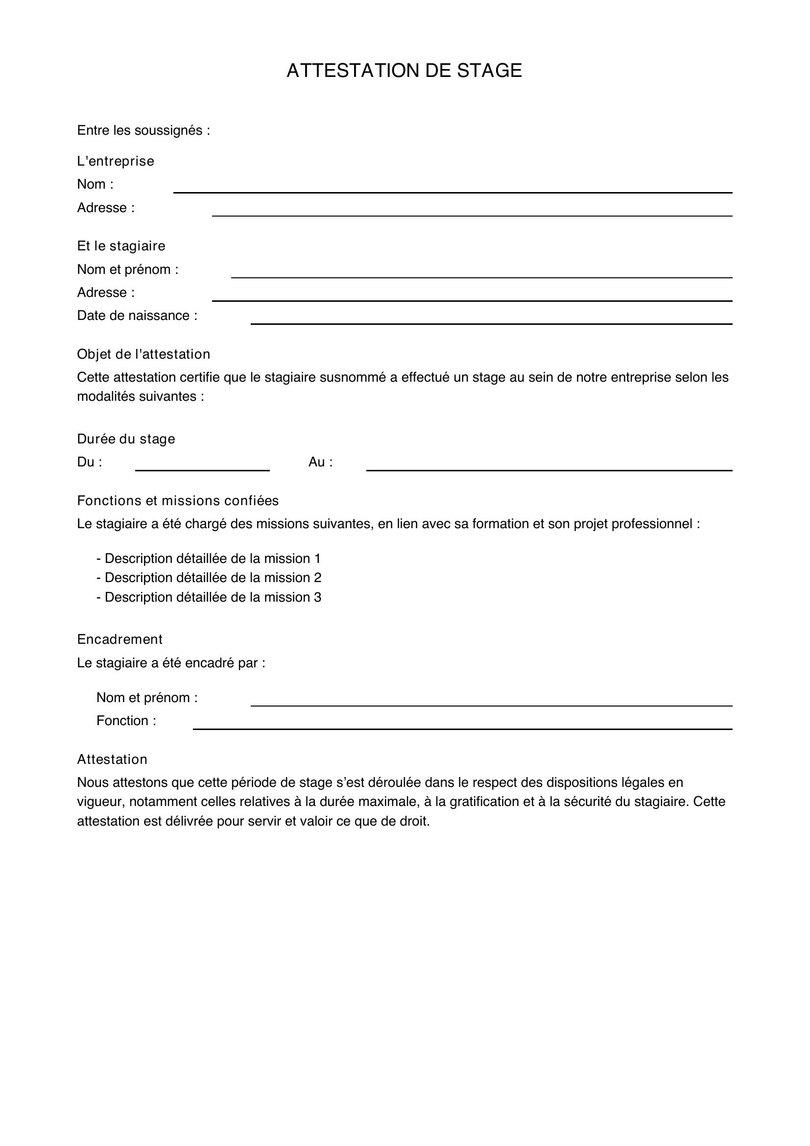 Attestation De Stage Exemple
