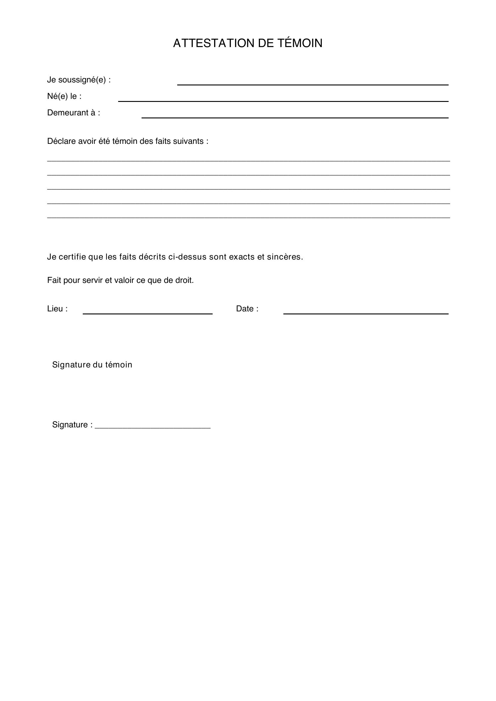 Exemple Attestation De Témoin