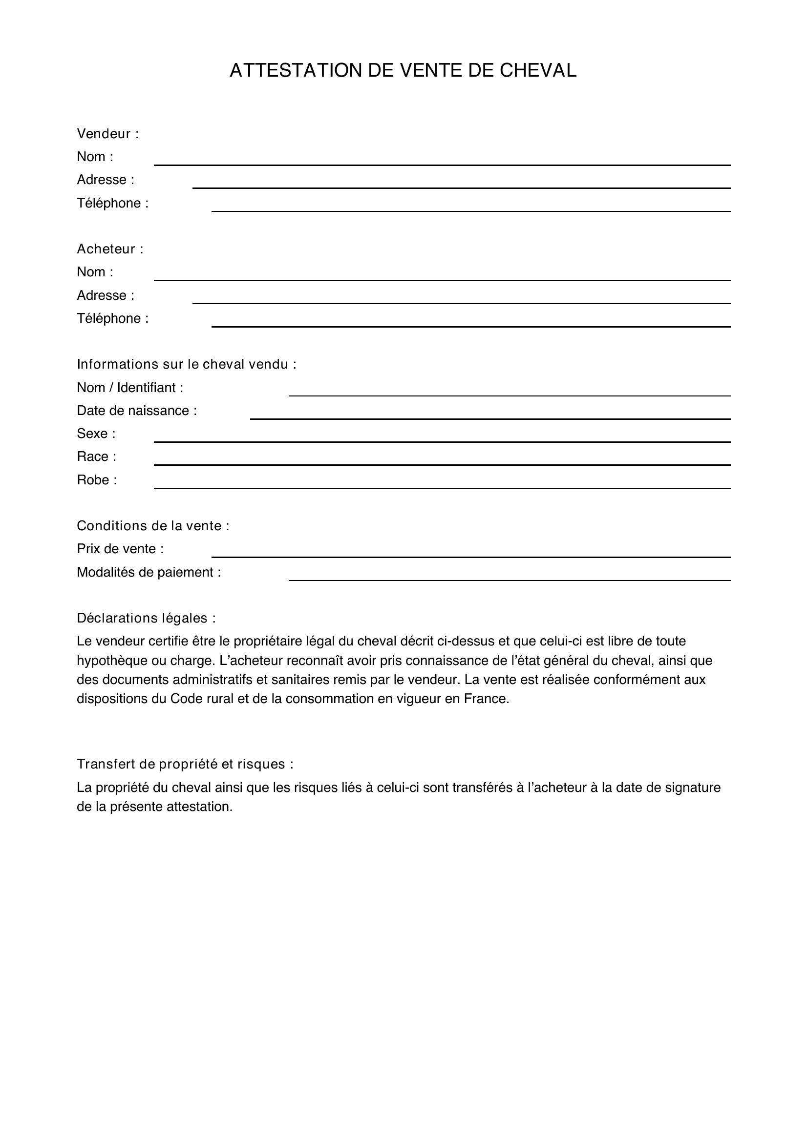 Attestation De Vente Cheval Modèle