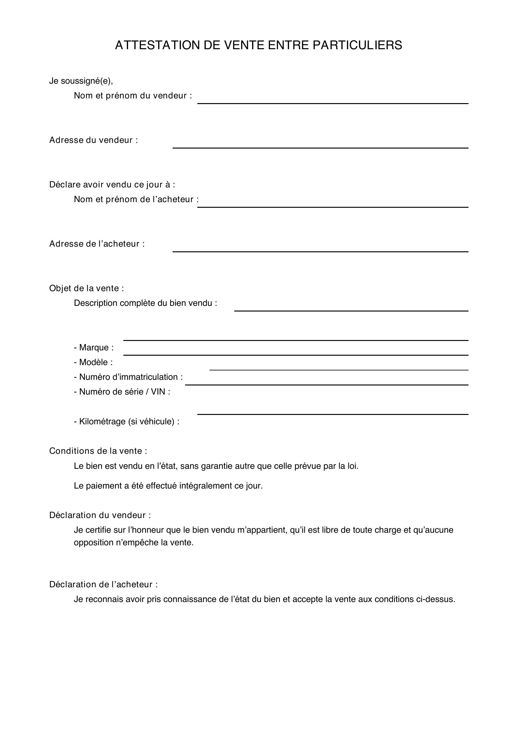Attestation De Vente Entre Particulier