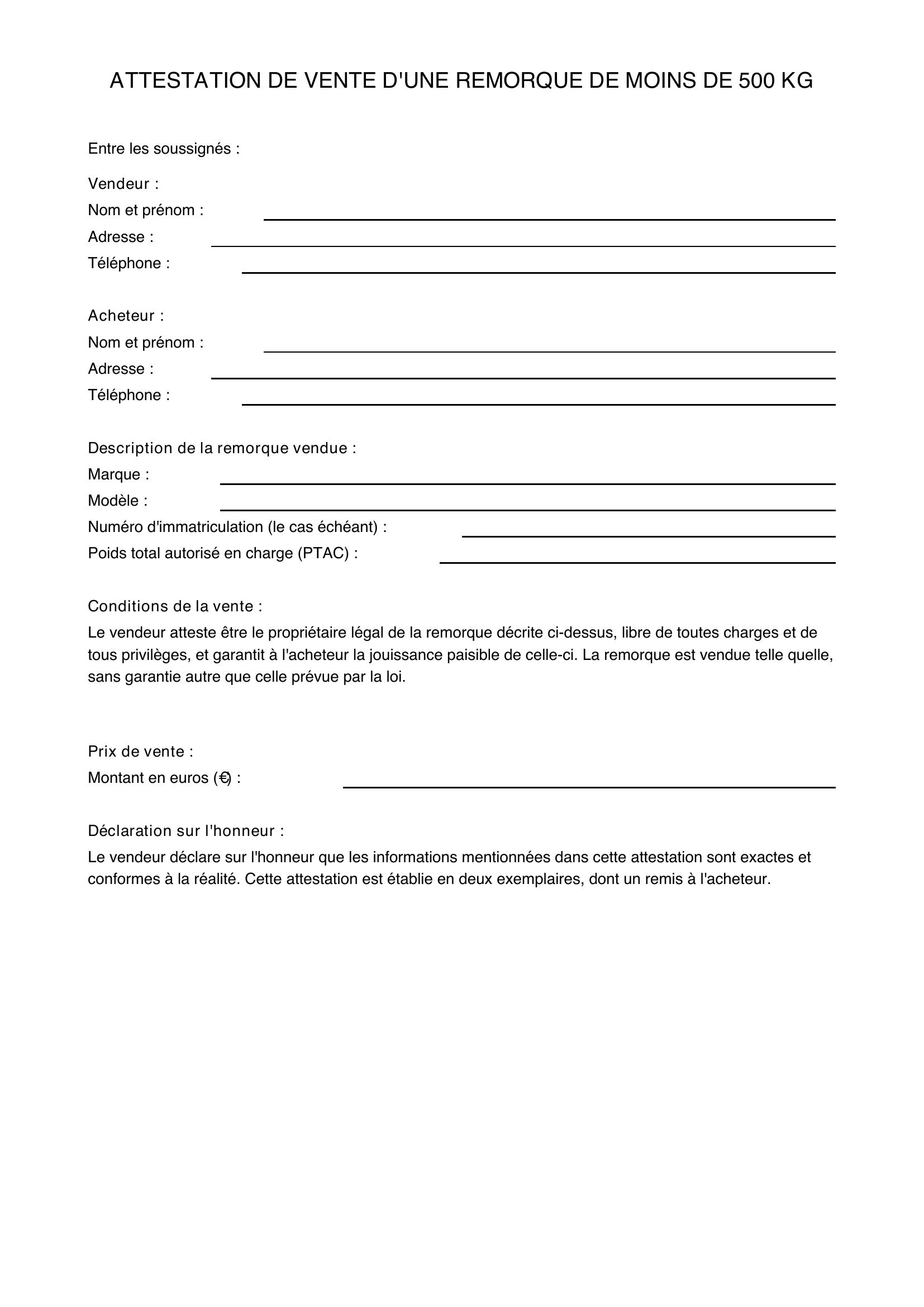 Modèle Attestation De Vente Remorque Moins De 500 Kg
