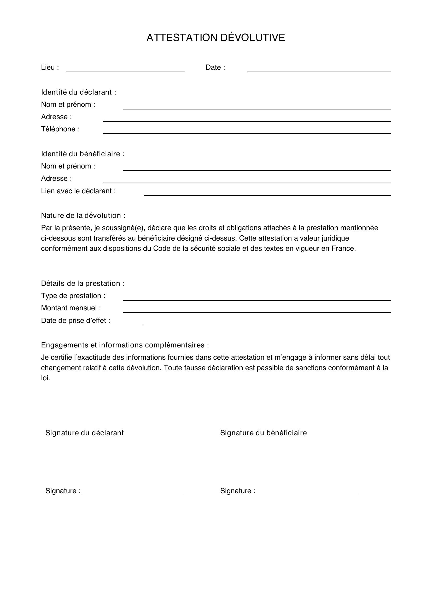 Modèle Attestation Dévolutive