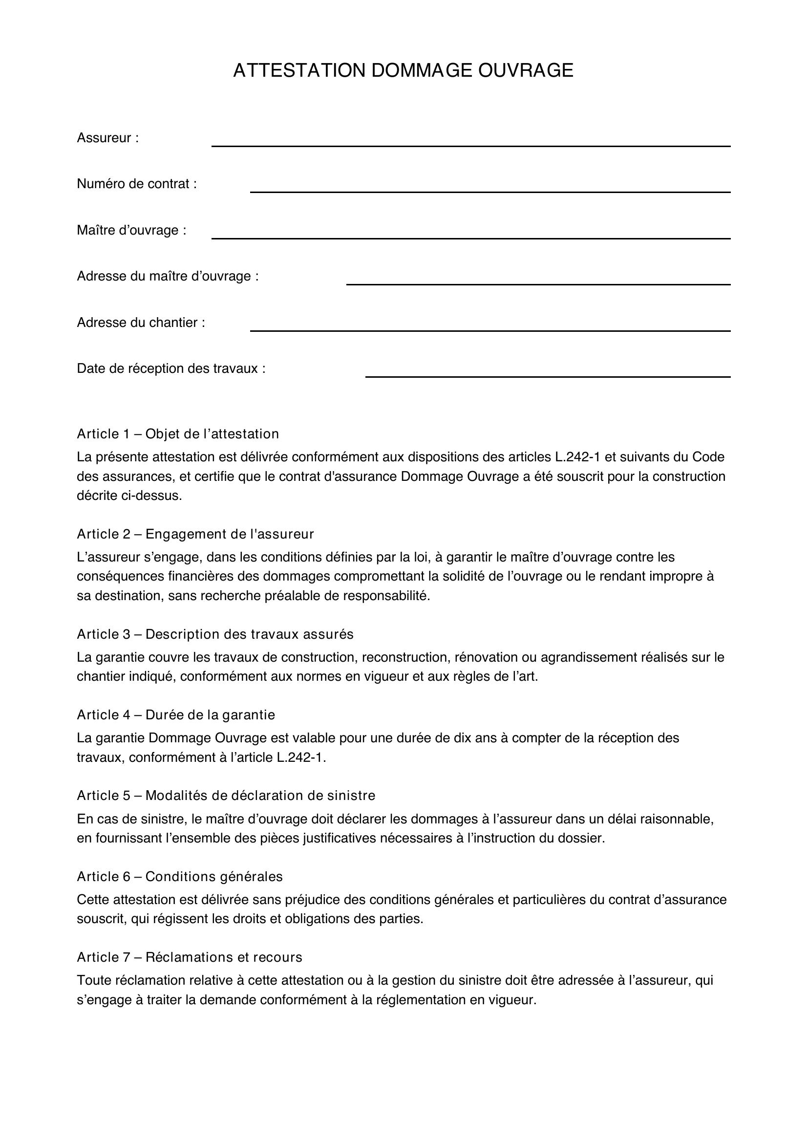 Attestation Dommage Ouvrage