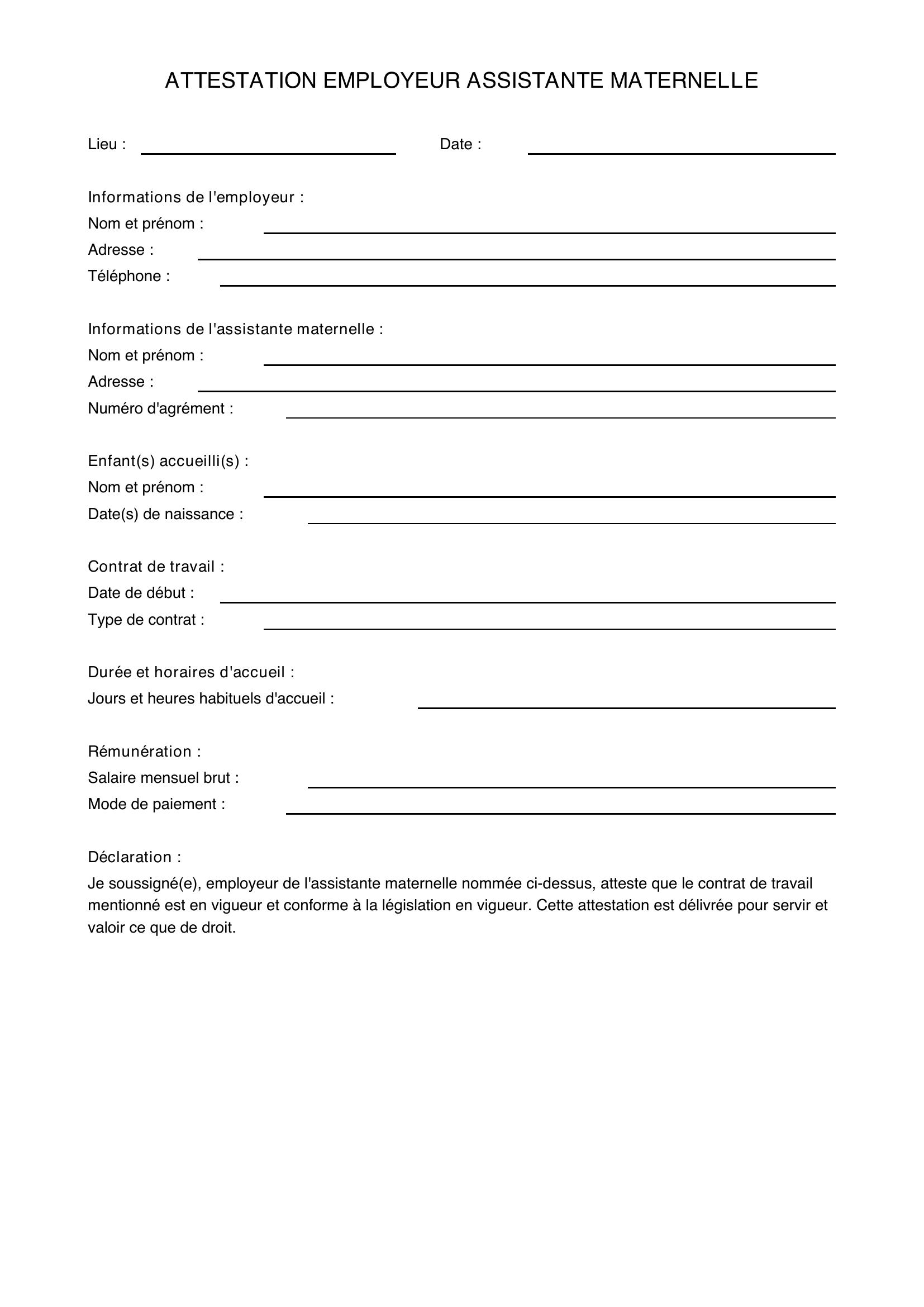Attestation Employeur Assistante Maternelle