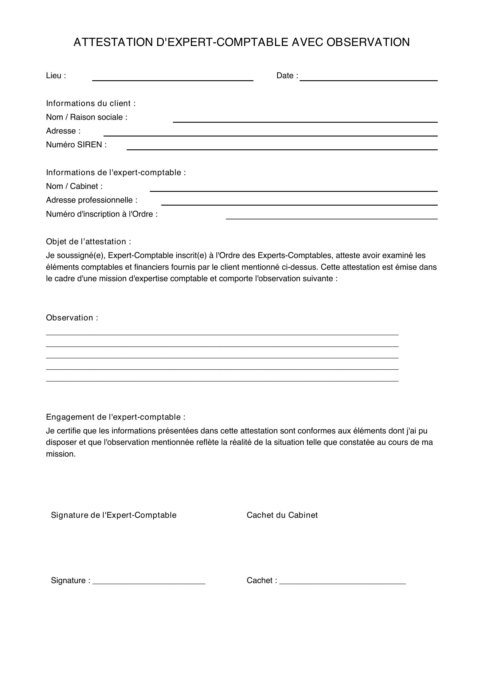 Modele Attestation Expert-Comptable Avec Observation