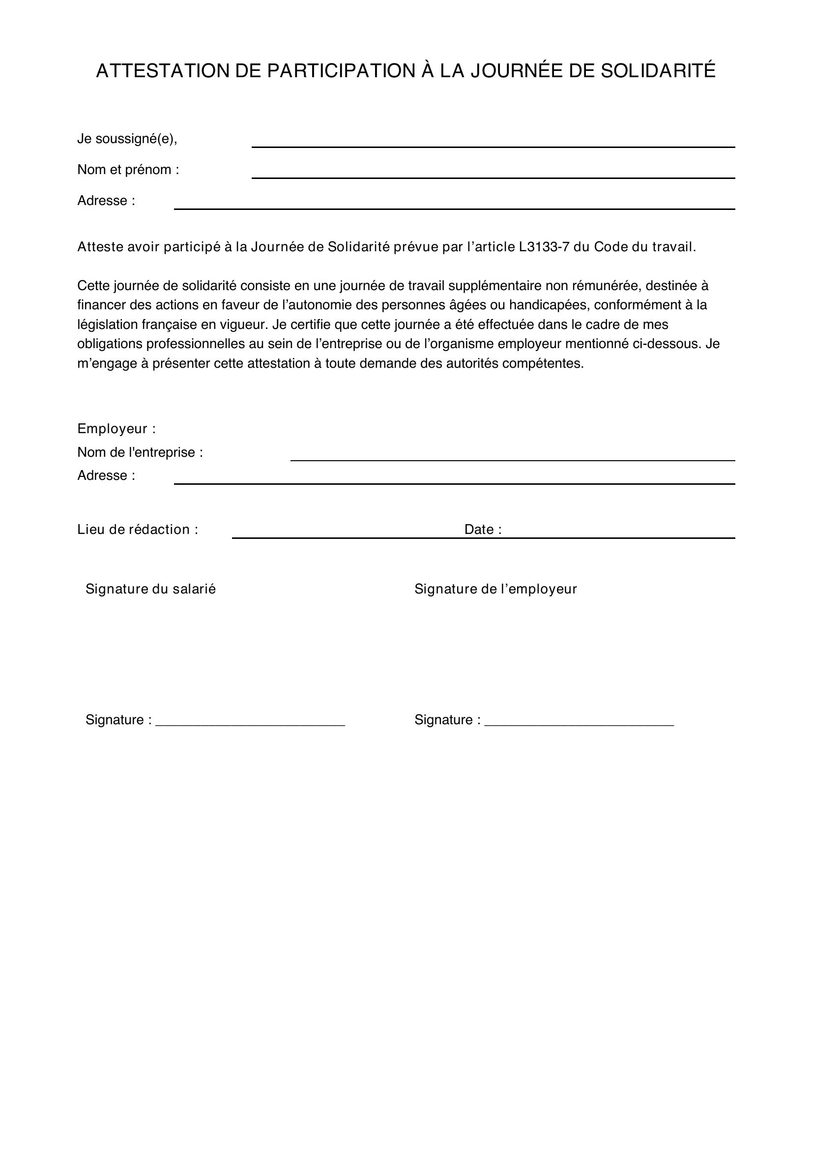 Attestation Journée De Solidarité