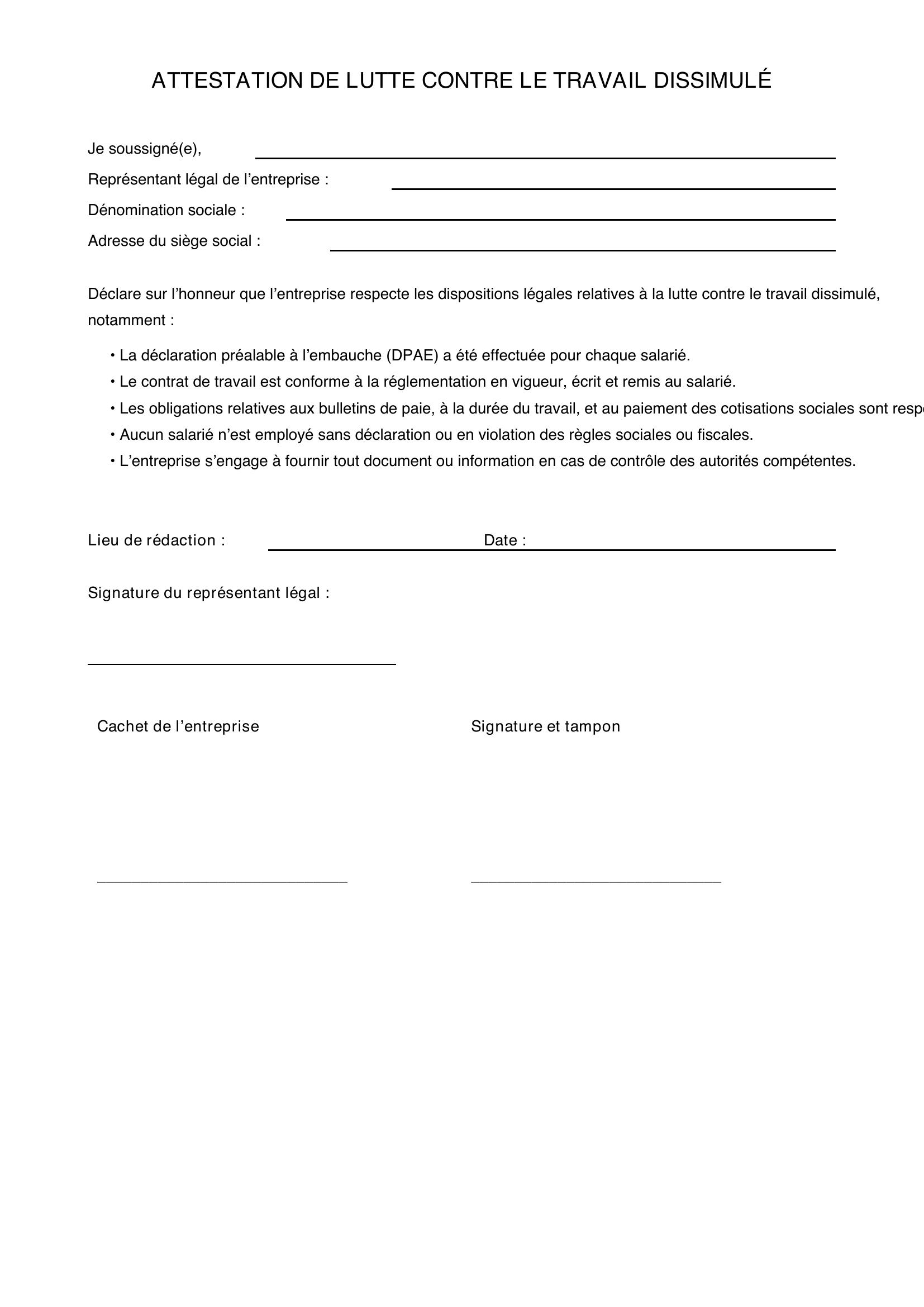 Attestation Lutte Contre Le Travail Dissimulé