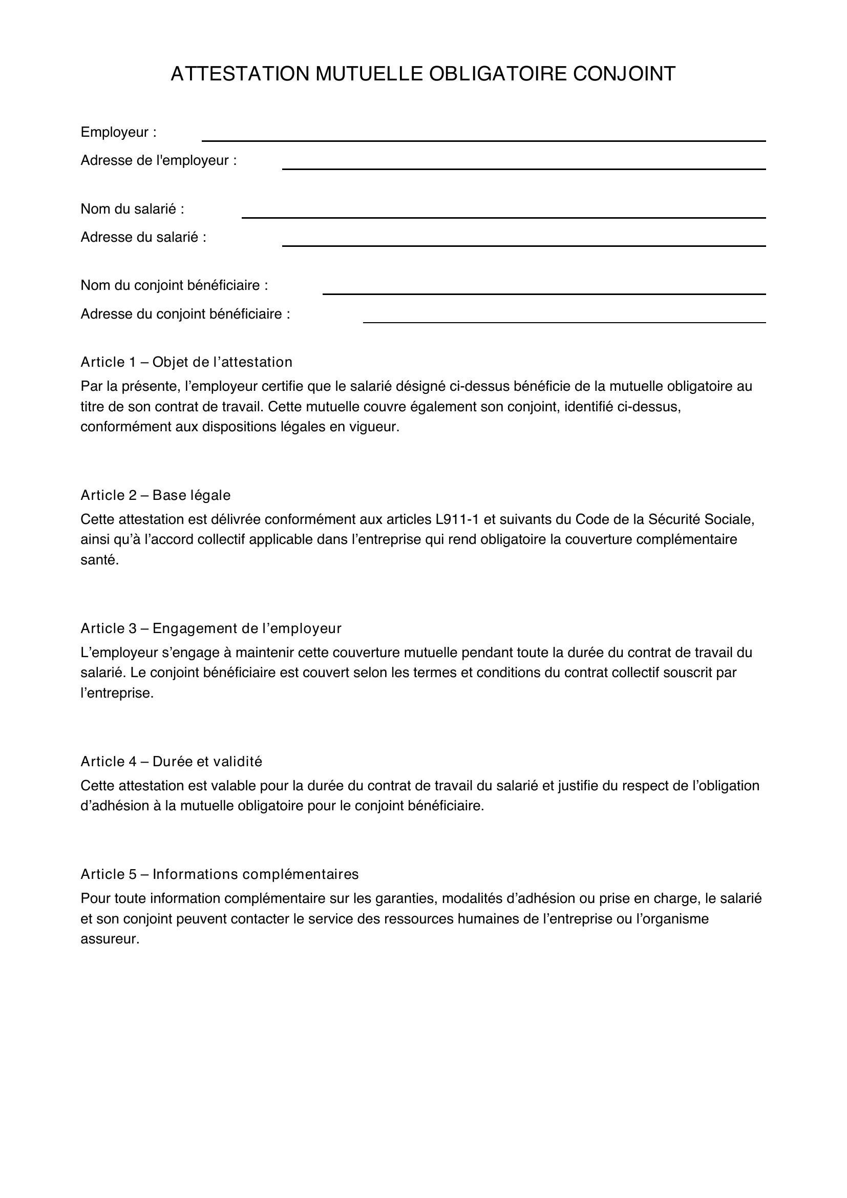 Modèle Attestation Mutuelle Obligatoire Conjoint