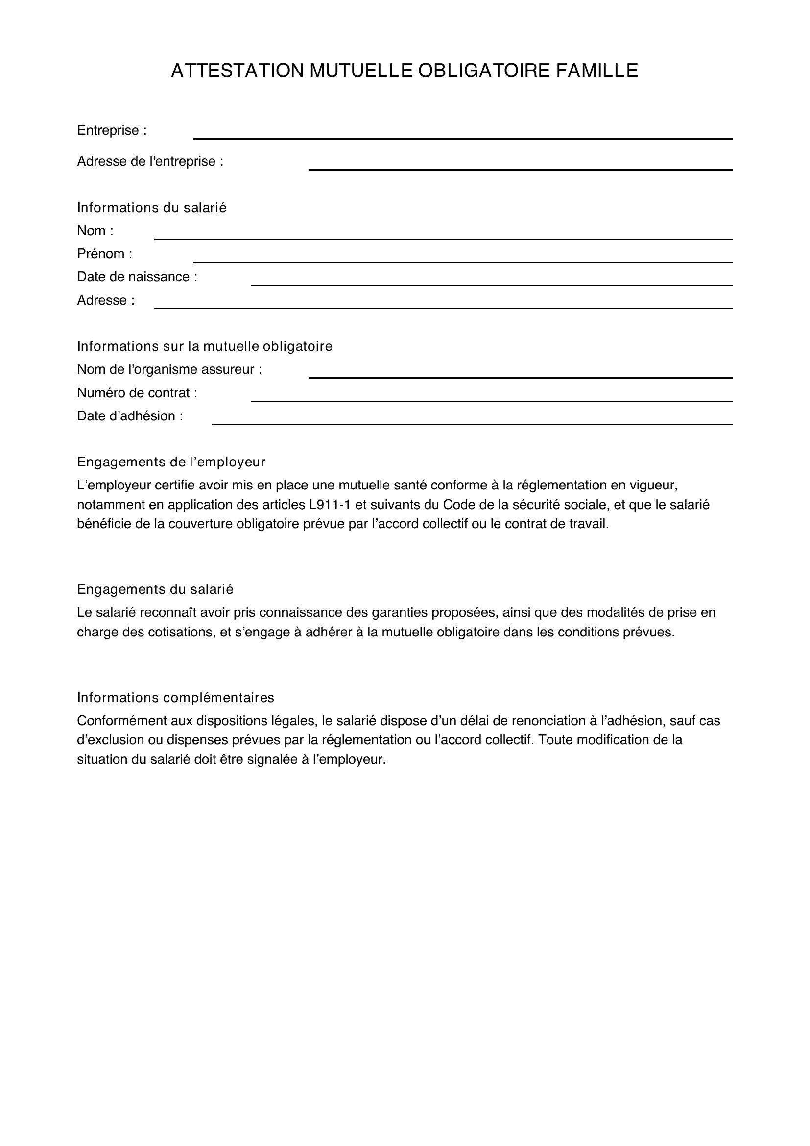 Modèle Attestation Mutuelle Obligatoire Famille