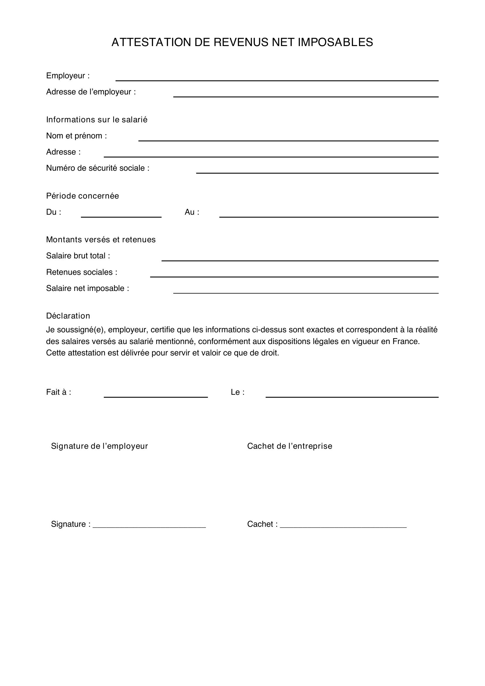 Modèle Attestation Net Imposable Employeur