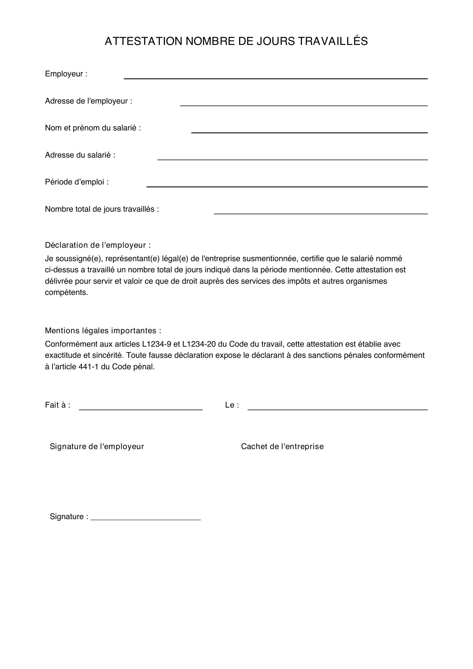 Modèle Attestation Nombre De Jours Travaillés Impôts