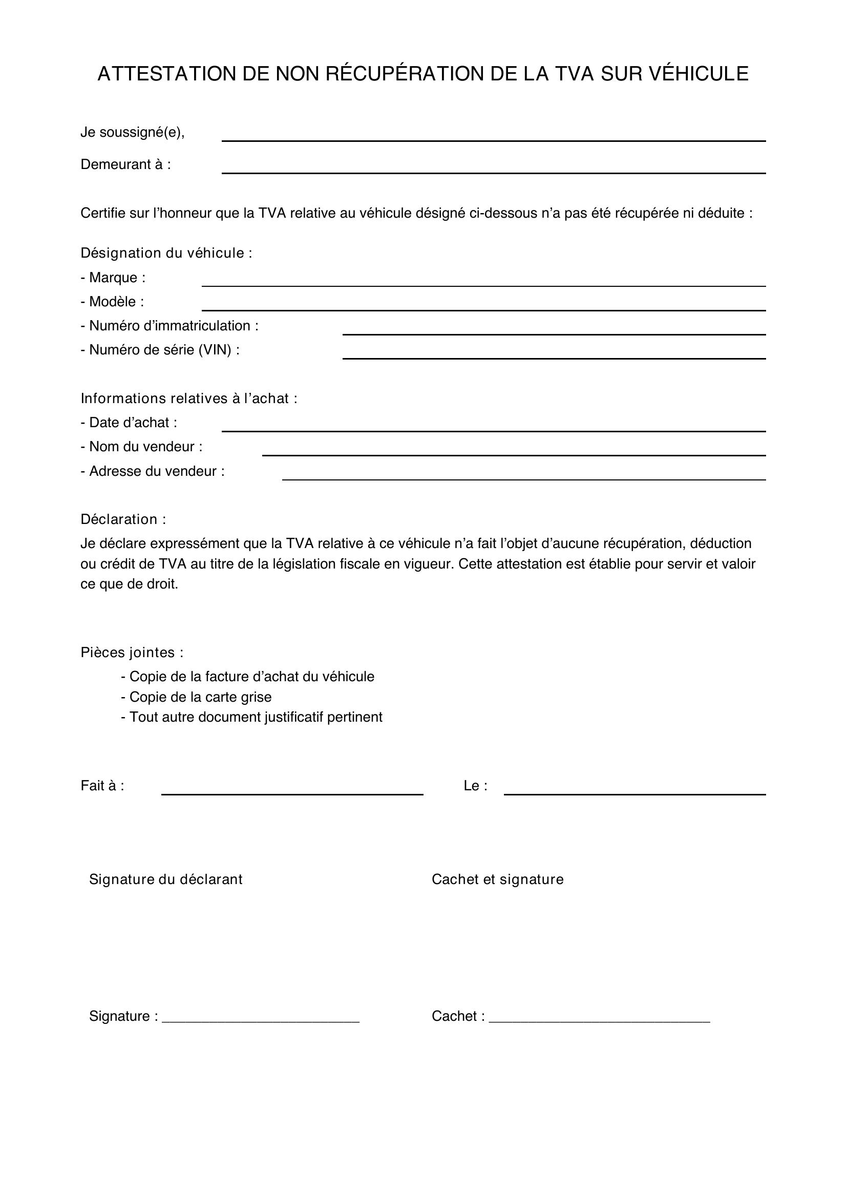 Modèle Attestation Non Récupération Tva Véhicule