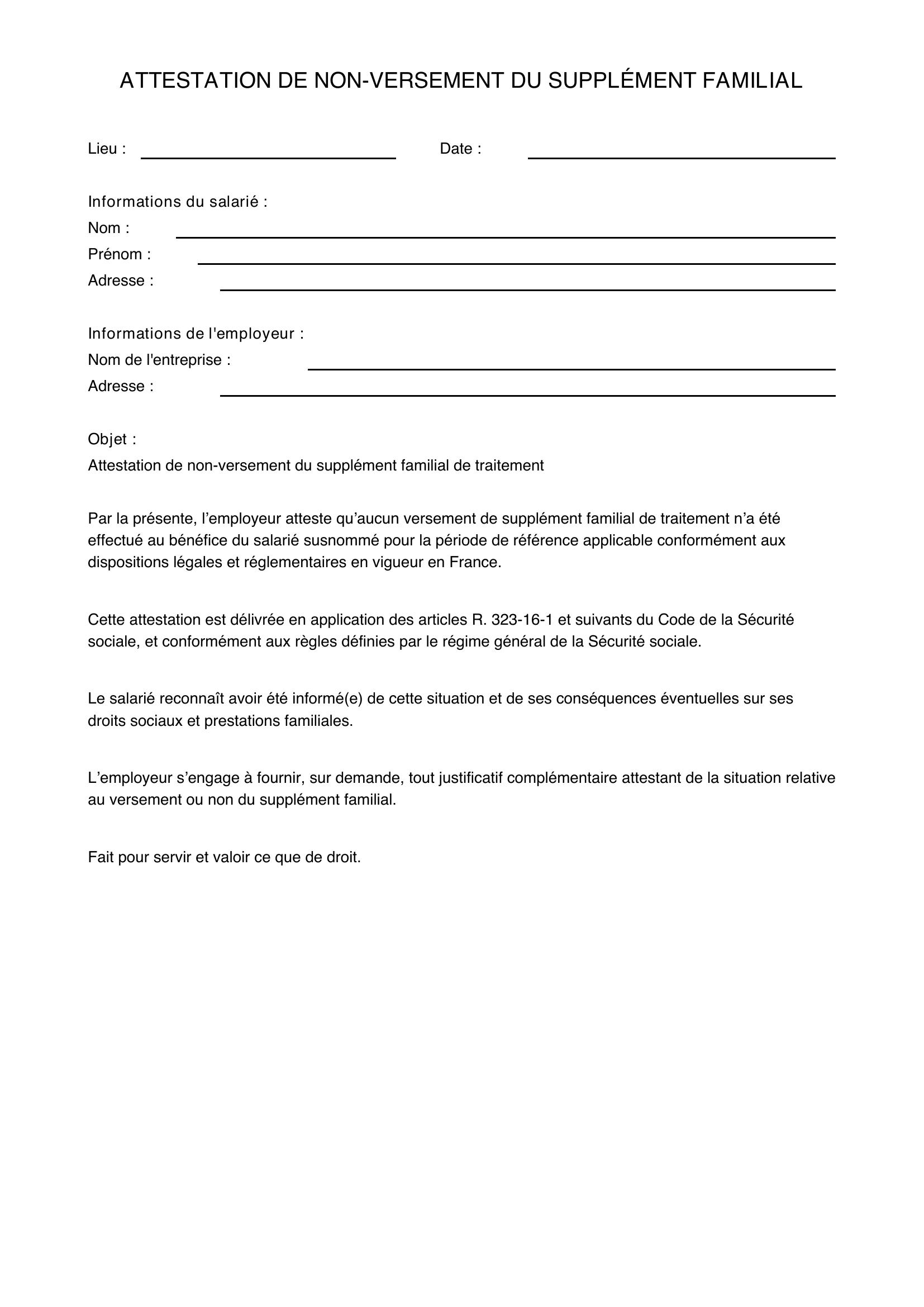 Modèle Attestation Non Versement Supplément Familial