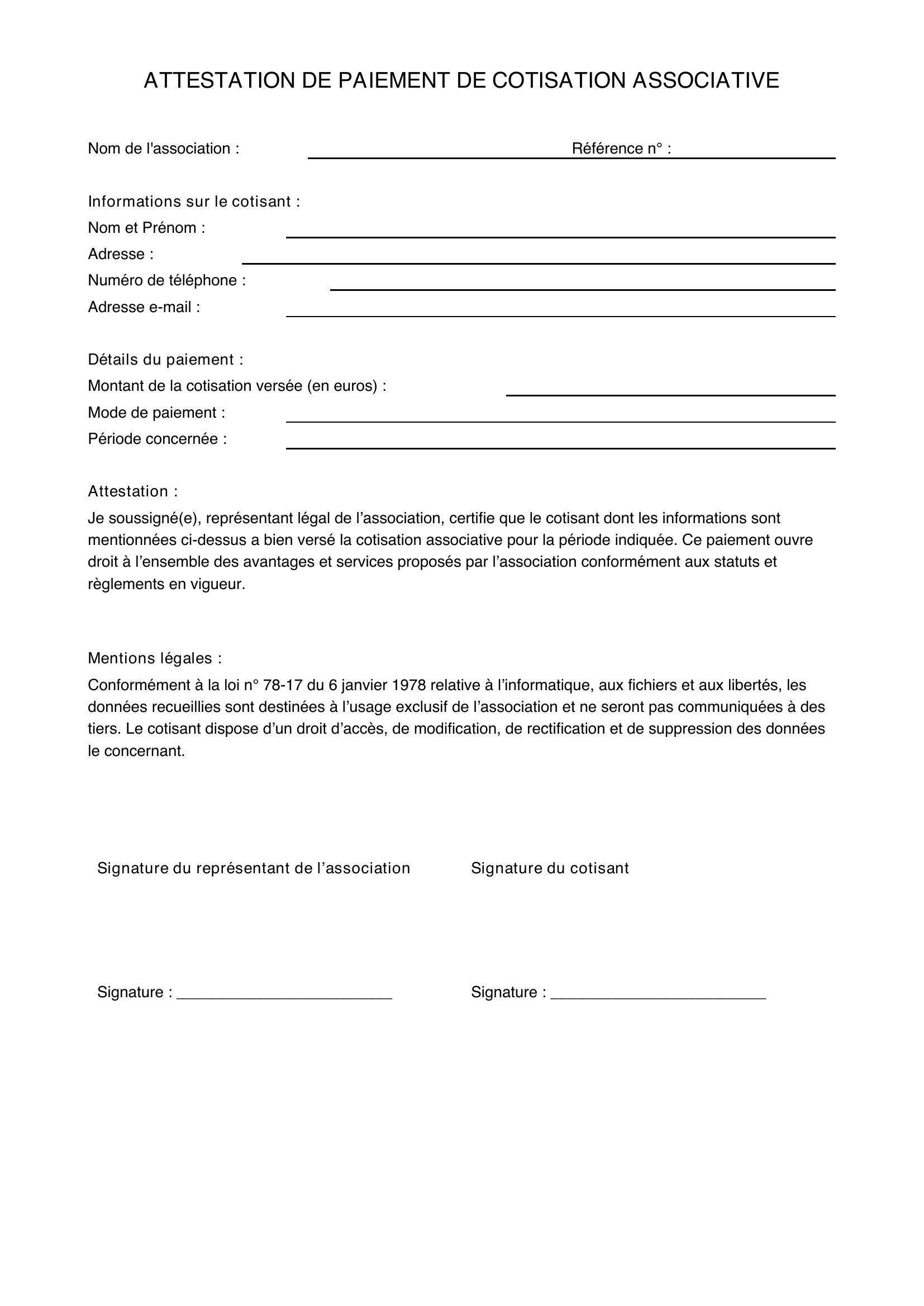 Modèle Attestation Paiement Cotisation Association