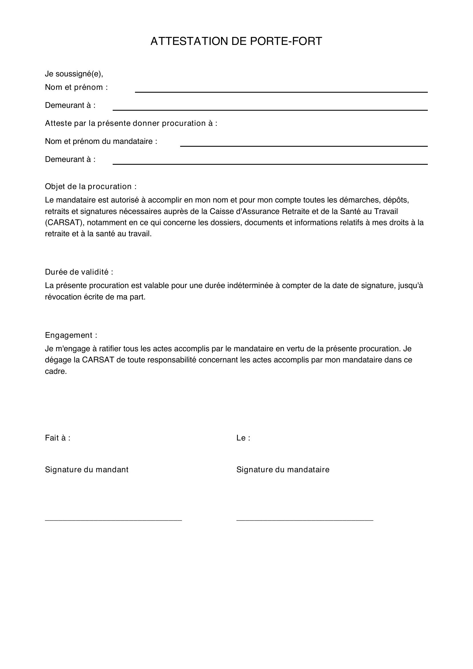 Attestation Porte Fort Carsat