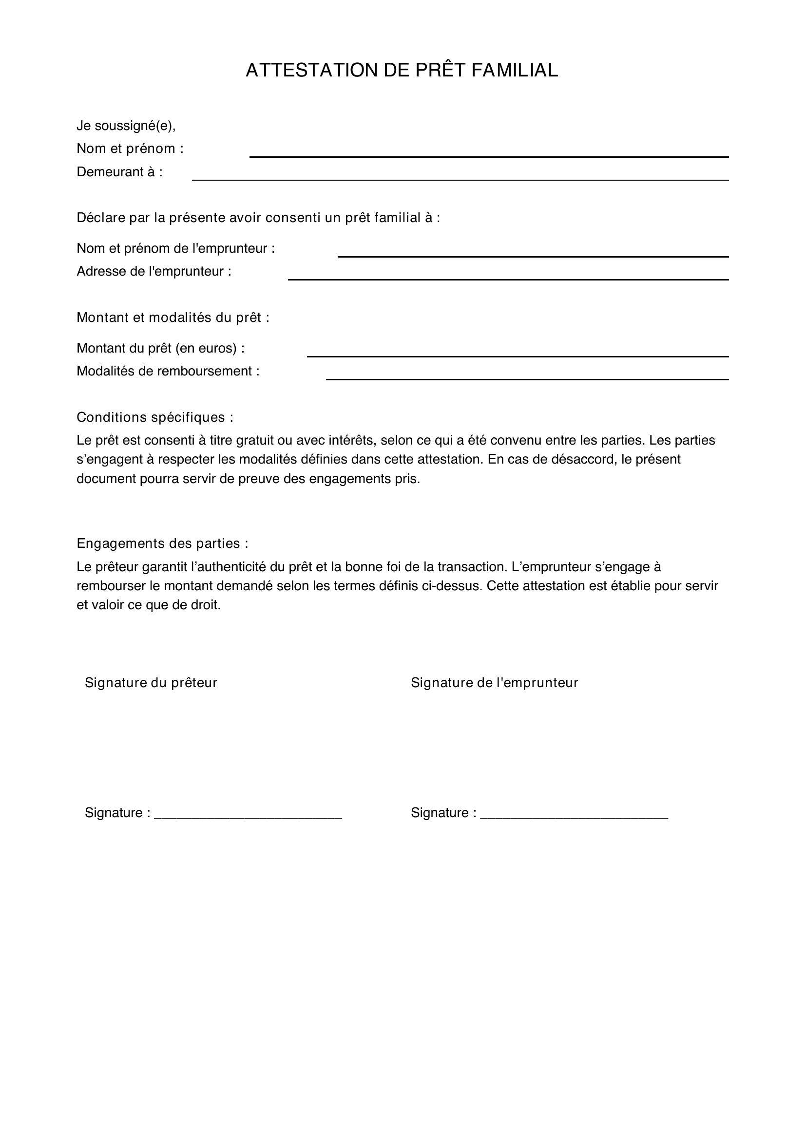 Modèle Attestation Prêt Familial
