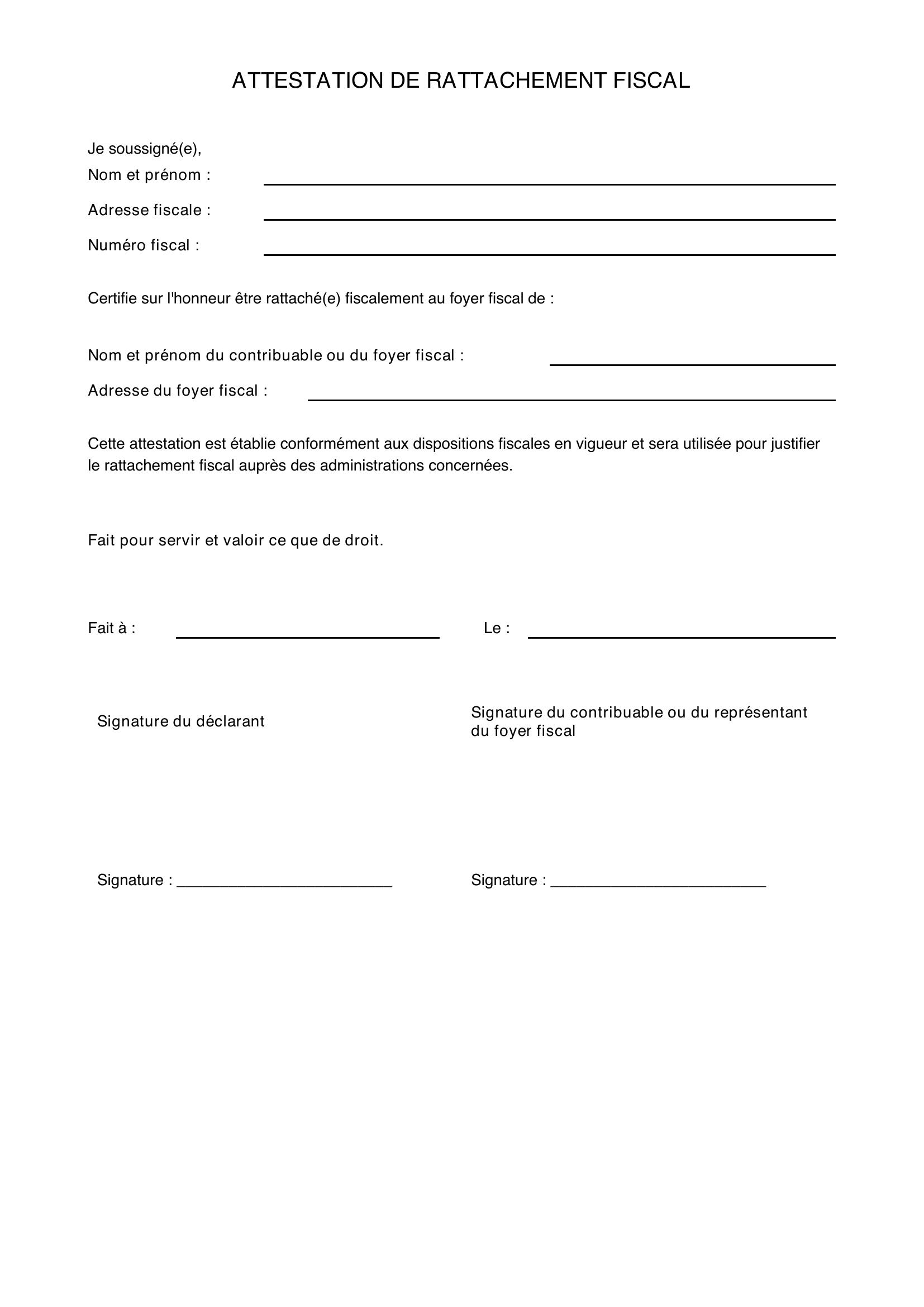 Attestation Rattachement Fiscal