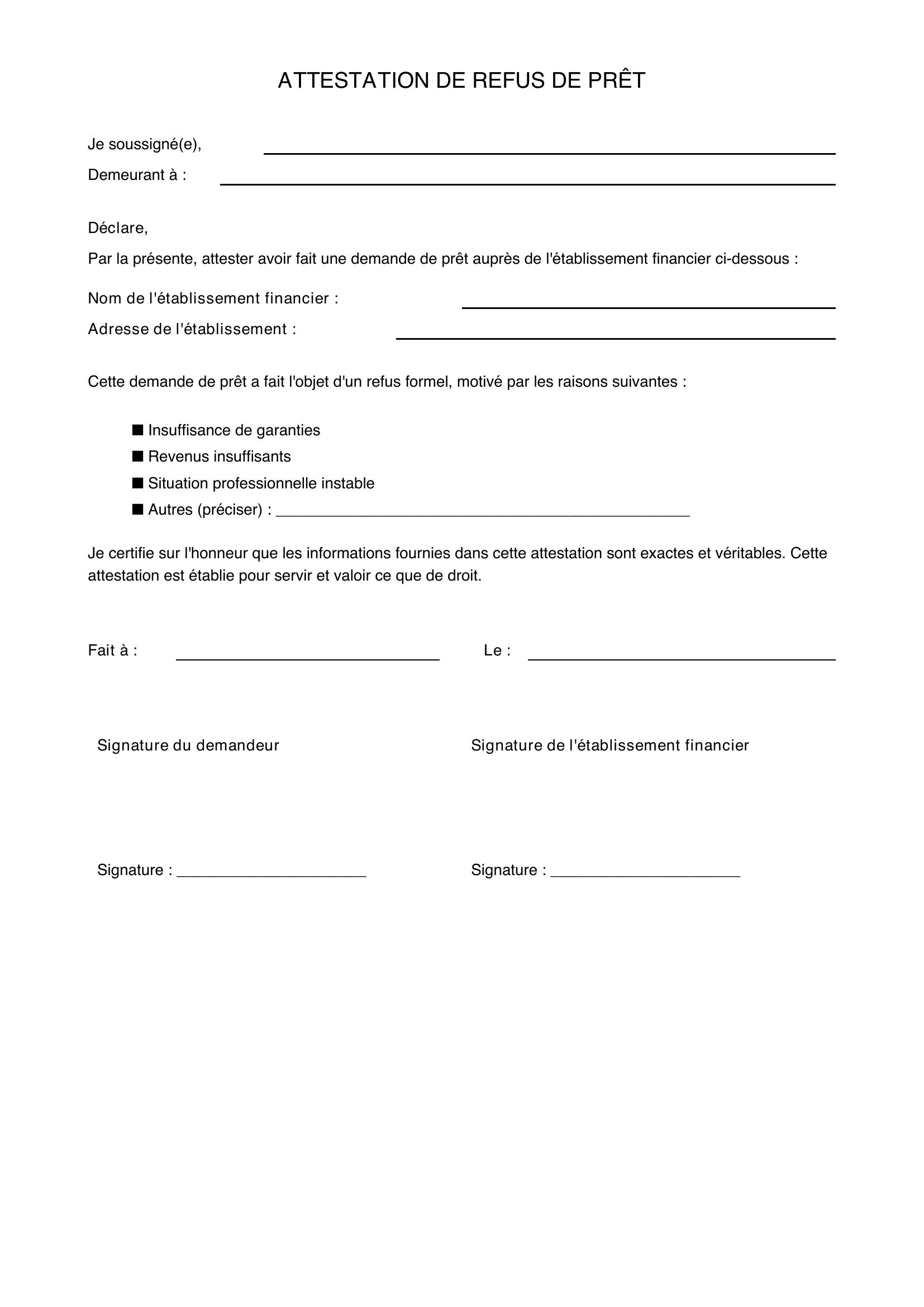 Modèle Attestation Refus De Prêt