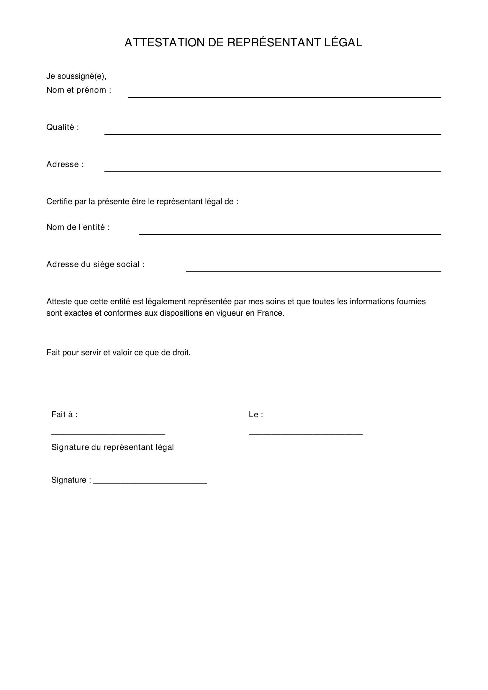 Modèle Attestation Représentant Légal