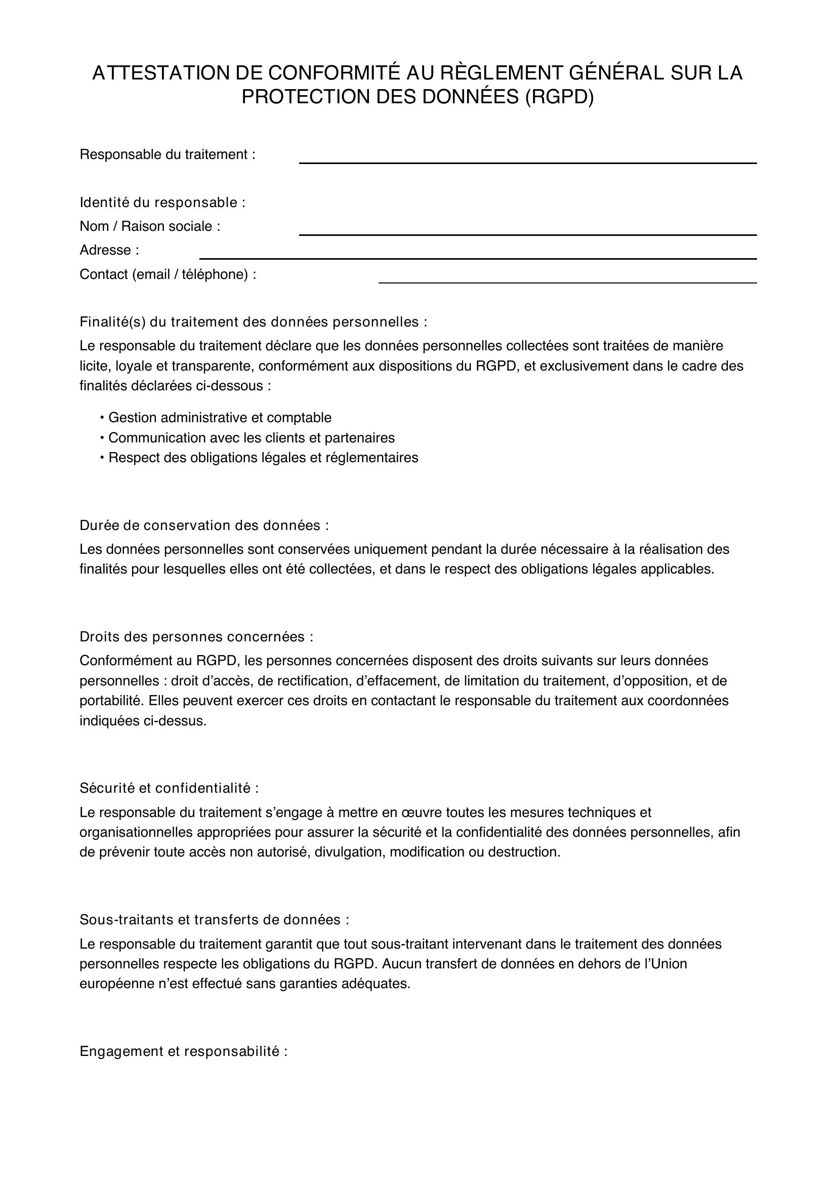 Attestation Rgpd Modèle