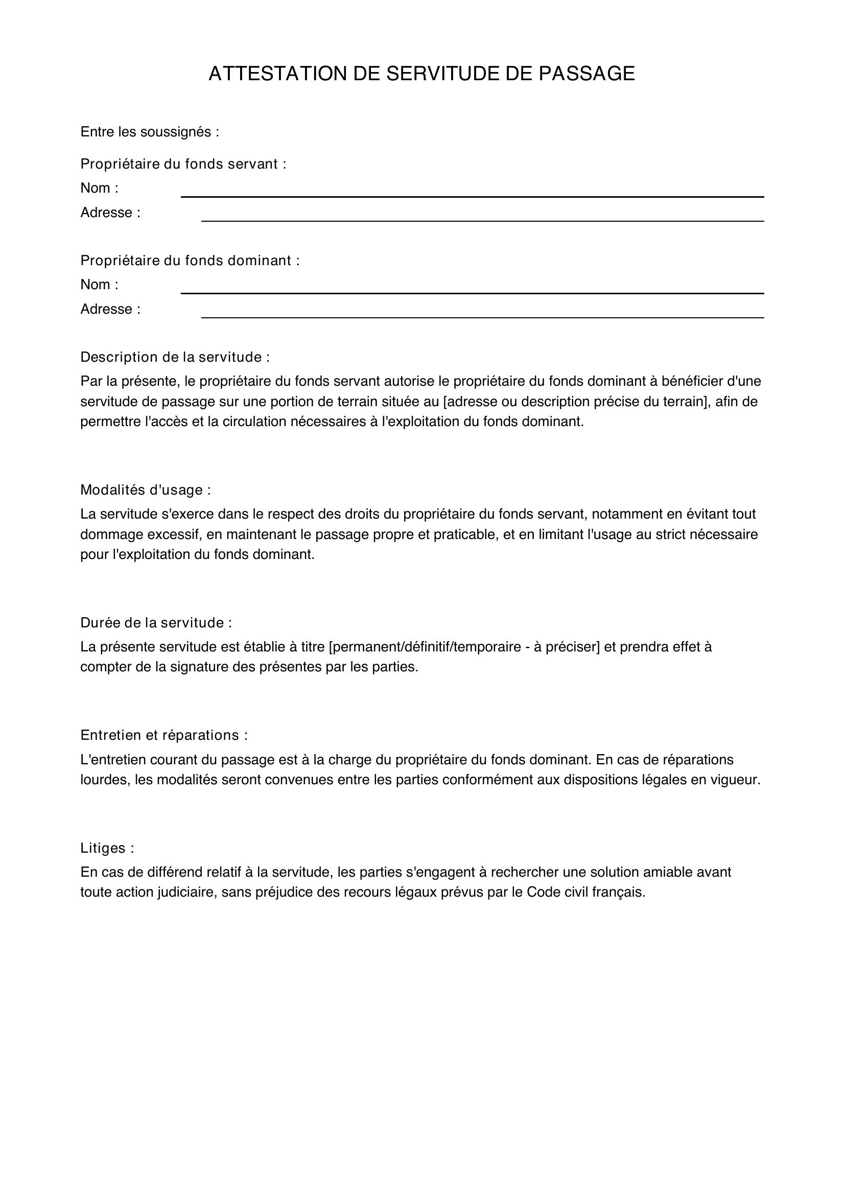 Modèle Attestation Servitude De Passage