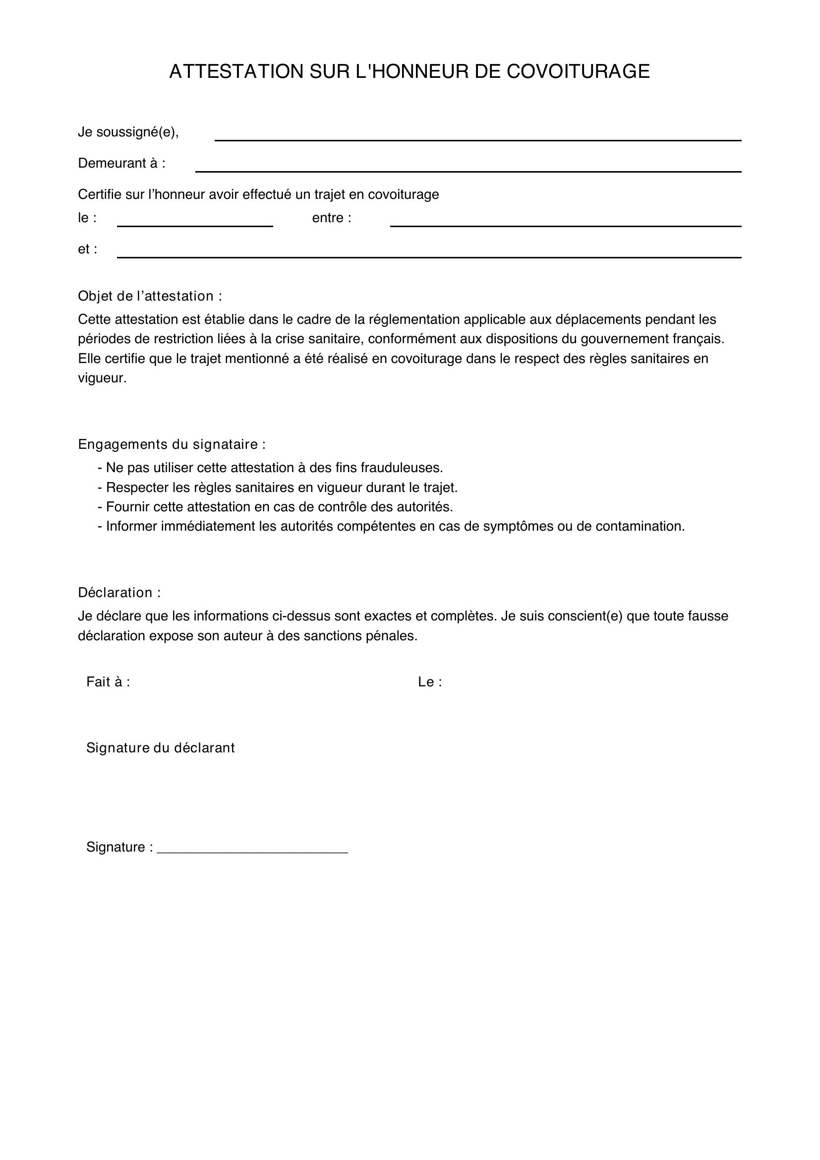 Attestation Sur L'Honneur Covoiturage