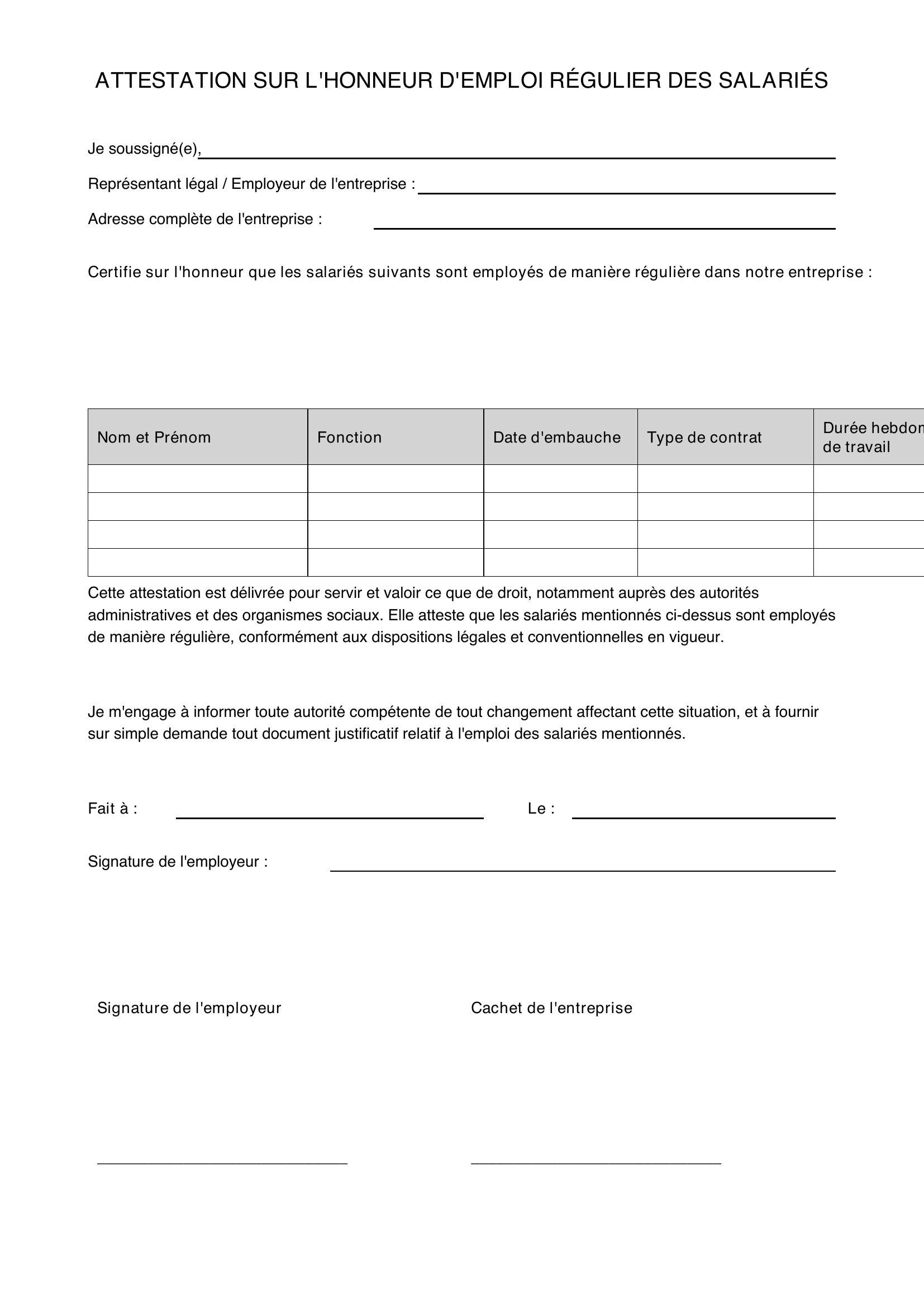 Attestation Sur L'Honneur D'Emploi Régulier Des Salariés